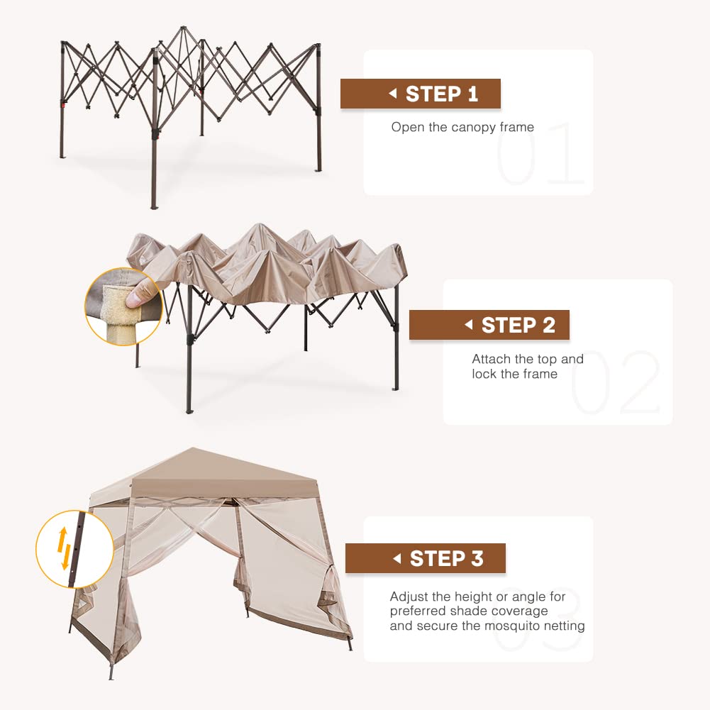 COOS BAY 10x10 Pop Up Canopy Tent with Screen Netting, Slant Leg Canopy with UPF 50+ UV Protection, 64 Sq Ft Shade, One Person Setup with Carry Bag, Beige - Image 3