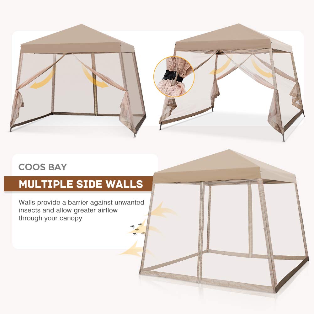 COOS BAY 10x10 Pop Up Canopy Tent with Screen Netting, Slant Leg Canopy with UPF 50+ UV Protection, 64 Sq Ft Shade, One Person Setup with Carry Bag, Beige - Image 5