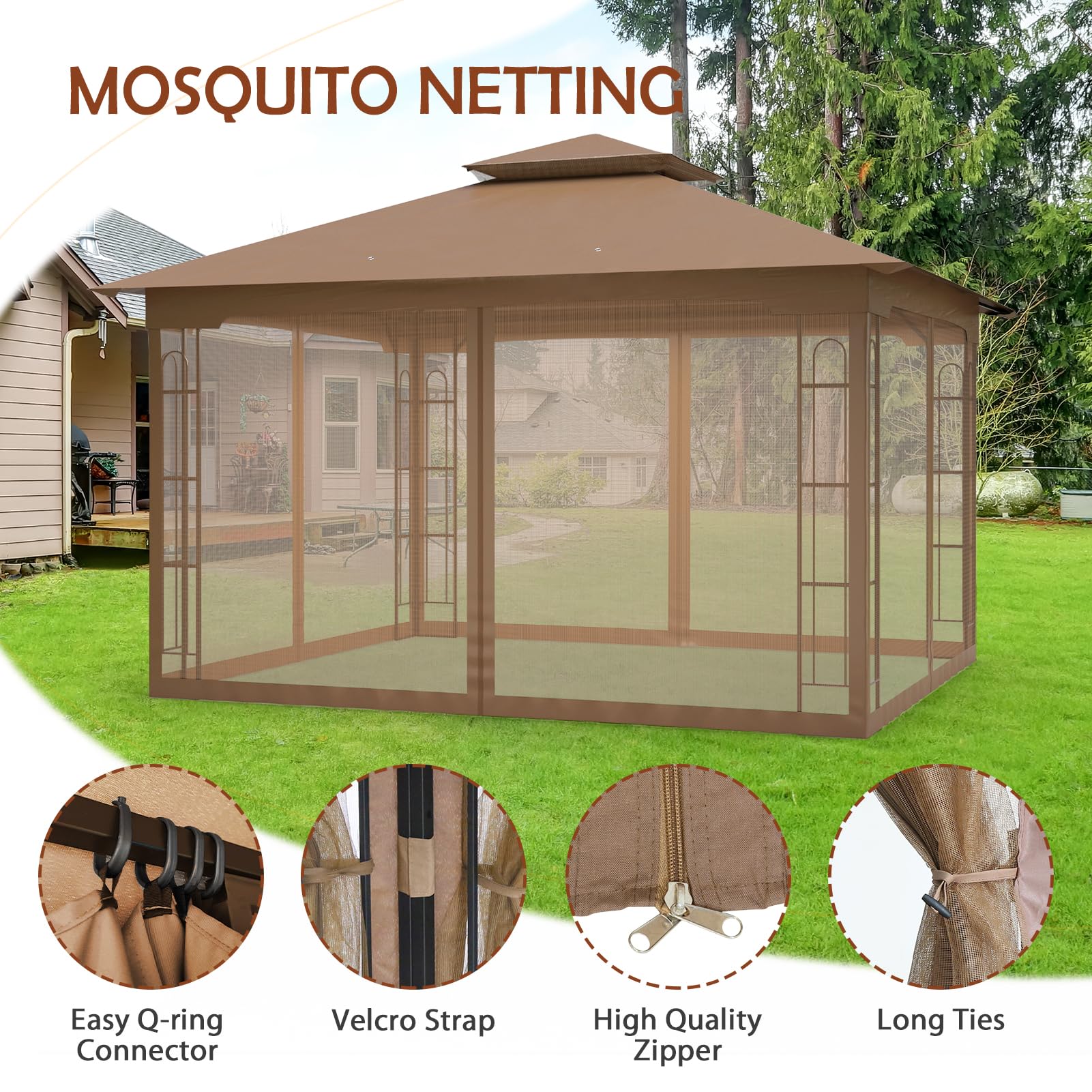 COOS BAY 10x12 Outdoor Patio Gazebo with Netting, Two Tier Water Resistant Canopy for Backyard, Brown - Image 3