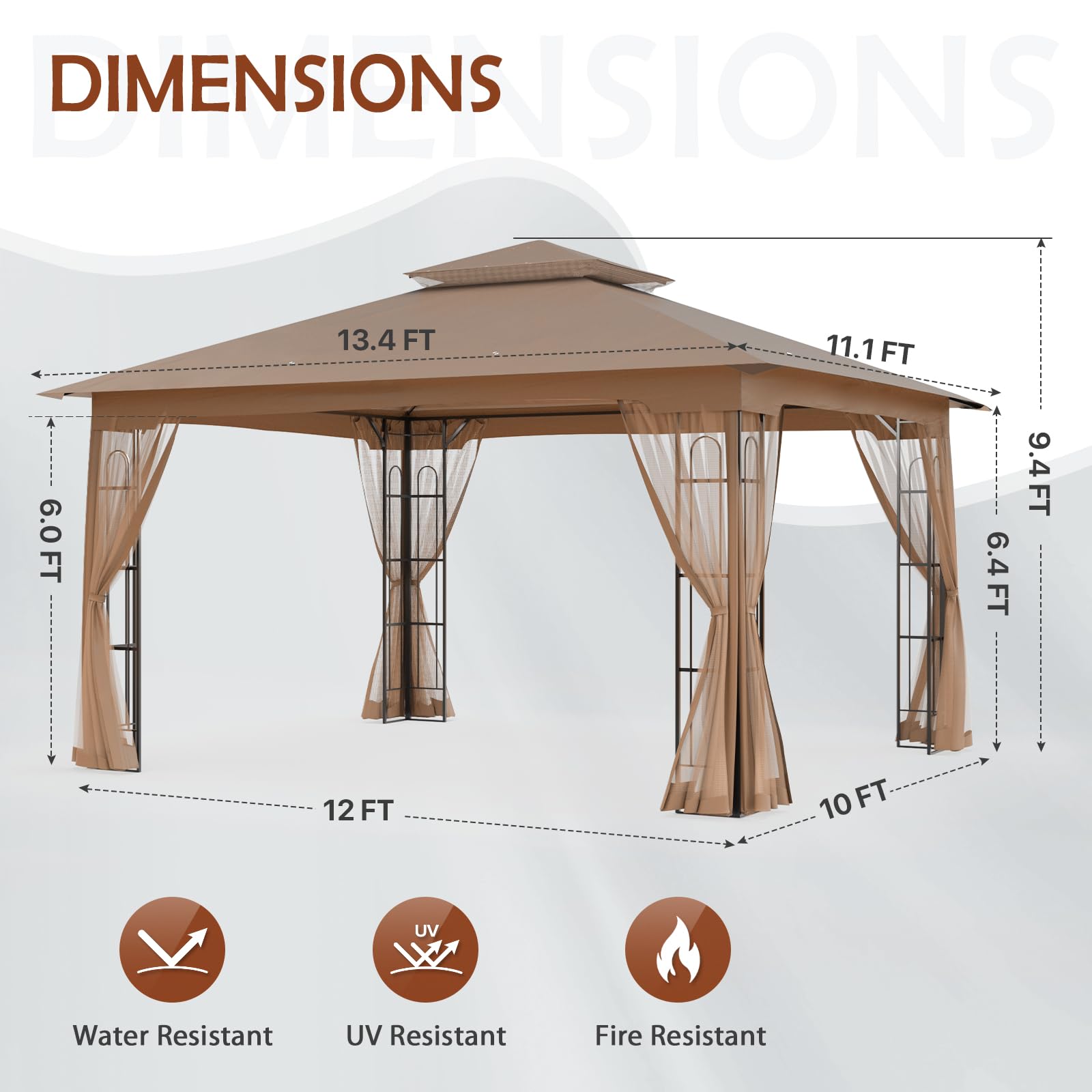 COOS BAY 10x12 Outdoor Patio Gazebo with Netting, Two Tier Water Resistant Canopy for Backyard, Brown - Image 4