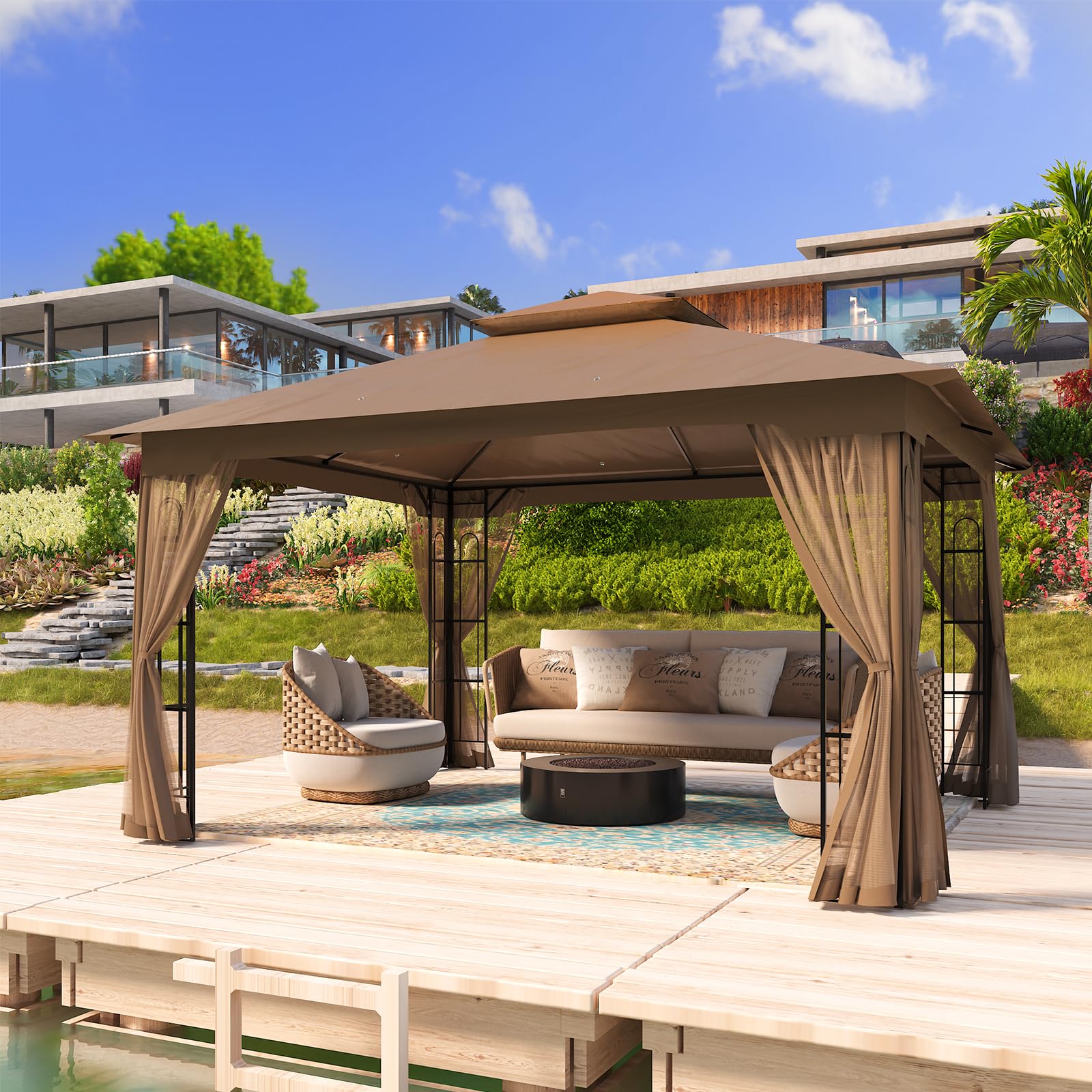 COOS BAY 10x12 Outdoor Patio Gazebo with Netting, Two Tier Water Resistant Canopy for Backyard, Brown - Image 5