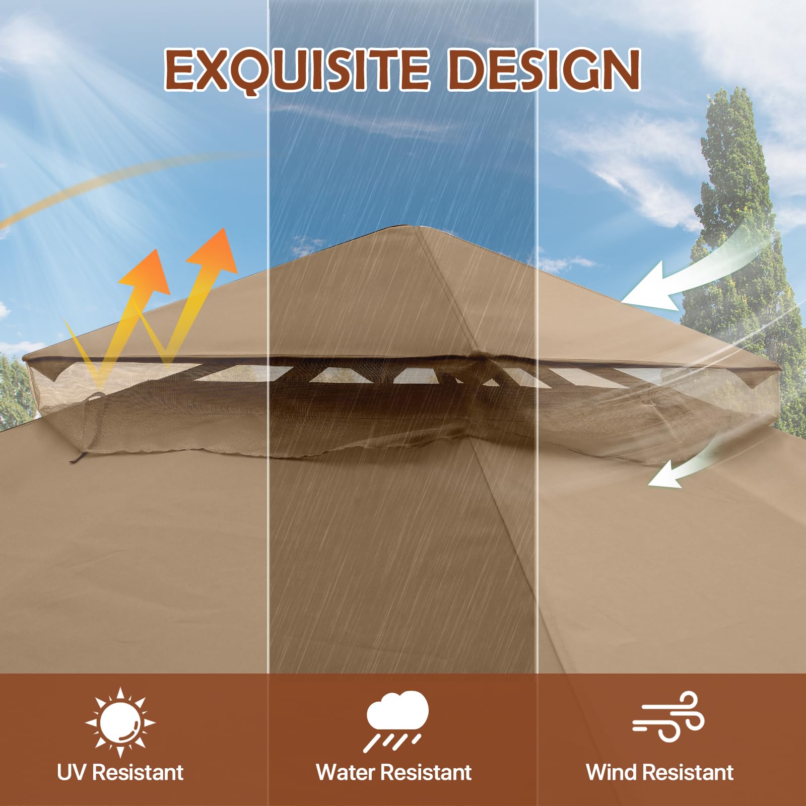 COOS BAY 10x12 Outdoor Patio Gazebo with Netting, Two Tier Water Resistant Canopy for Backyard, Brown - Image 7