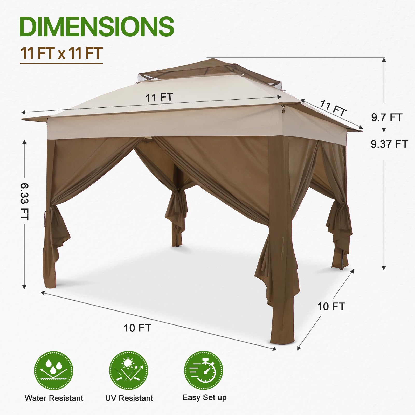 COOS BAY 11x11 Pop Up Gazebo with 4 Sidewalls, Instant Outdoor Canopy Tent with UPF 50+ UV Protection, Water Resistant Shelter with Carry Bag, Stakes & Ropes, Beige - Image 3