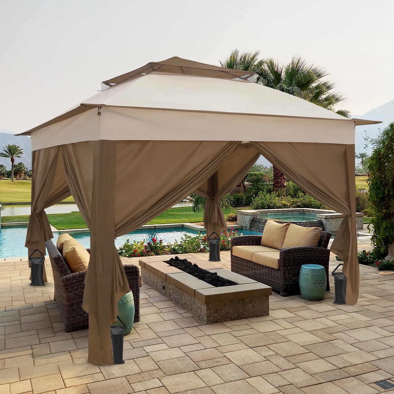 COOS BAY 11x11 Pop Up Gazebo with 4 Sidewalls, Instant Outdoor Canopy Tent with UPF 50+ UV Protection, Water Resistant Shelter with Carry Bag, Stakes & Ropes, Beige - Image 5