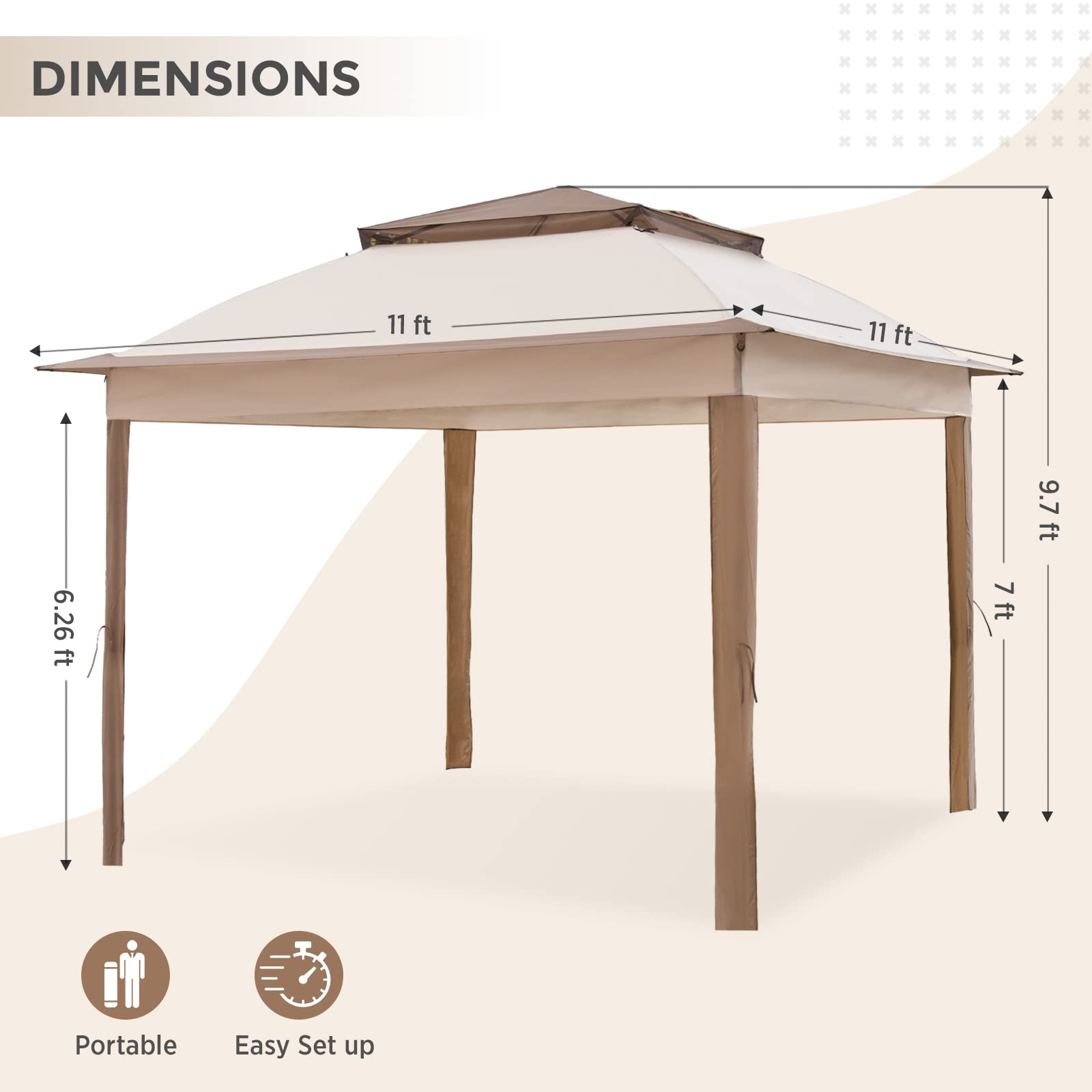 COOS BAY 11x11 Replacement Gazebo Top with Air Vent Sunshade Polyester Top Cover Only, Beige - Image 3