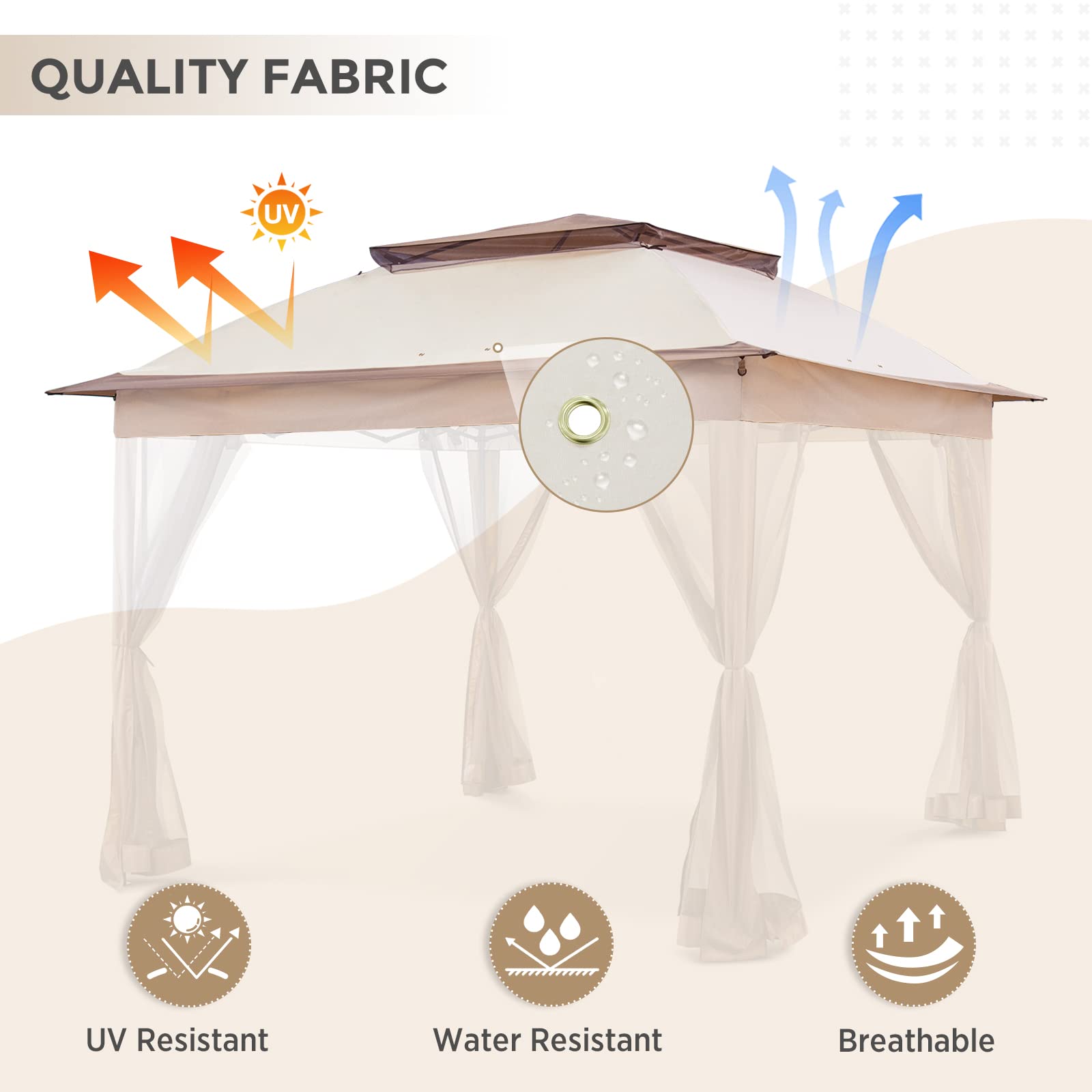 COOS BAY 11x11 Replacement Gazebo Top with Air Vent Sunshade Polyester Top Cover Only, Beige - Image 6