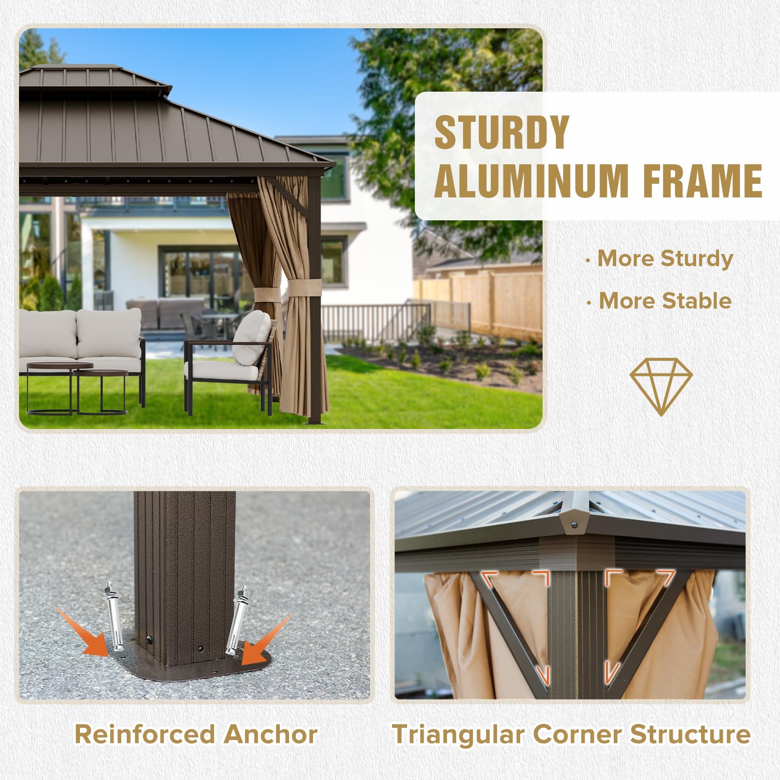 COOS BAY 12x10 Hardtop Gazebo with Aluminum Frame, Galvanized Steel Roof with UV Protection for Patio, Backyard, Garden, Outdoor Events, Dark Brown/Tan - Image 3