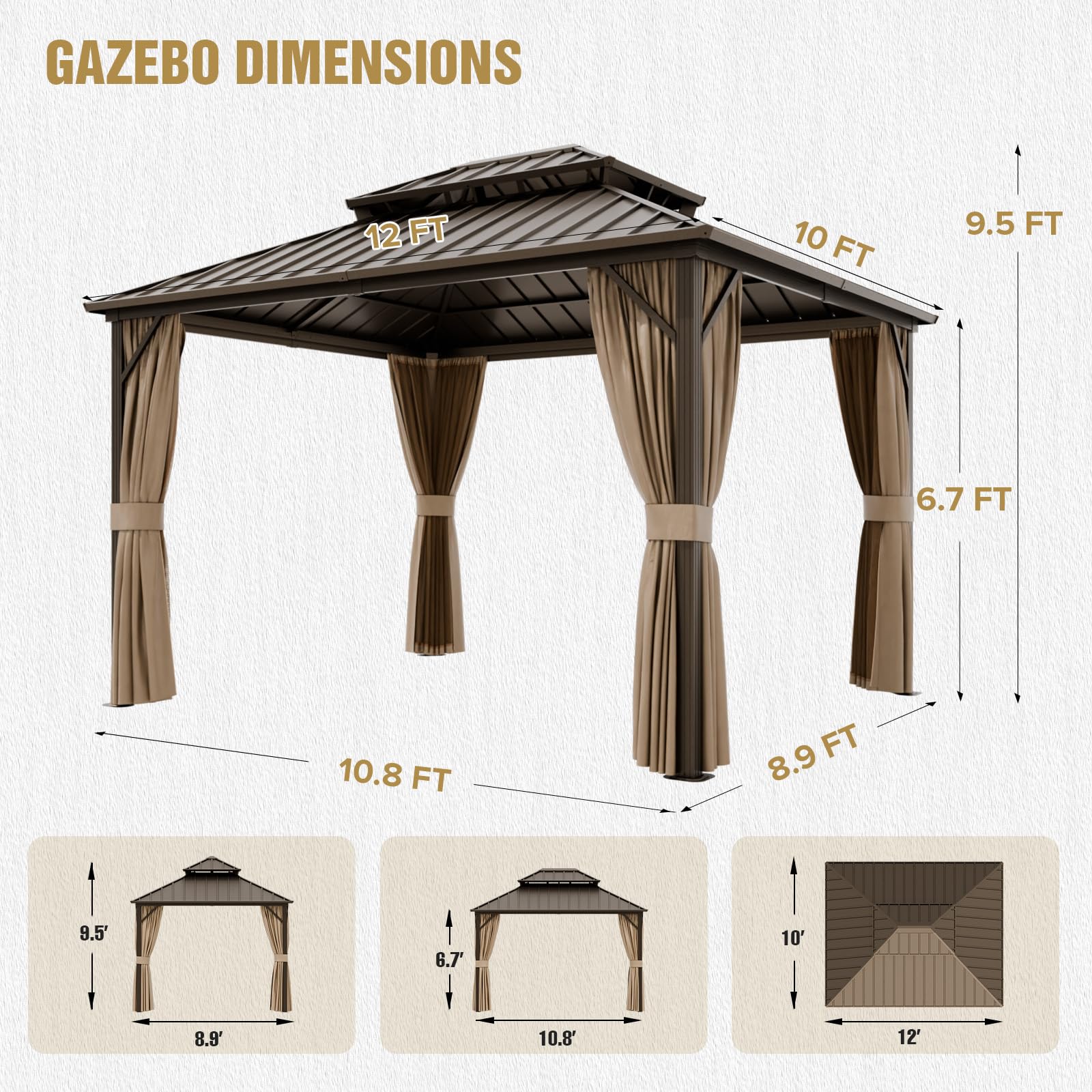 COOS BAY 12x10 Hardtop Gazebo with Aluminum Frame, Galvanized Steel Roof with UV Protection for Patio, Backyard, Garden, Outdoor Events, Dark Brown/Tan - Image 4