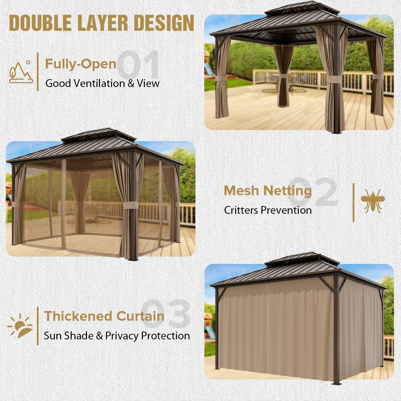 COOS BAY 12x10 Hardtop Gazebo with Aluminum Frame, Galvanized Steel Roof with UV Protection for Patio, Backyard, Garden, Outdoor Events, Dark Brown/Tan - Image 7
