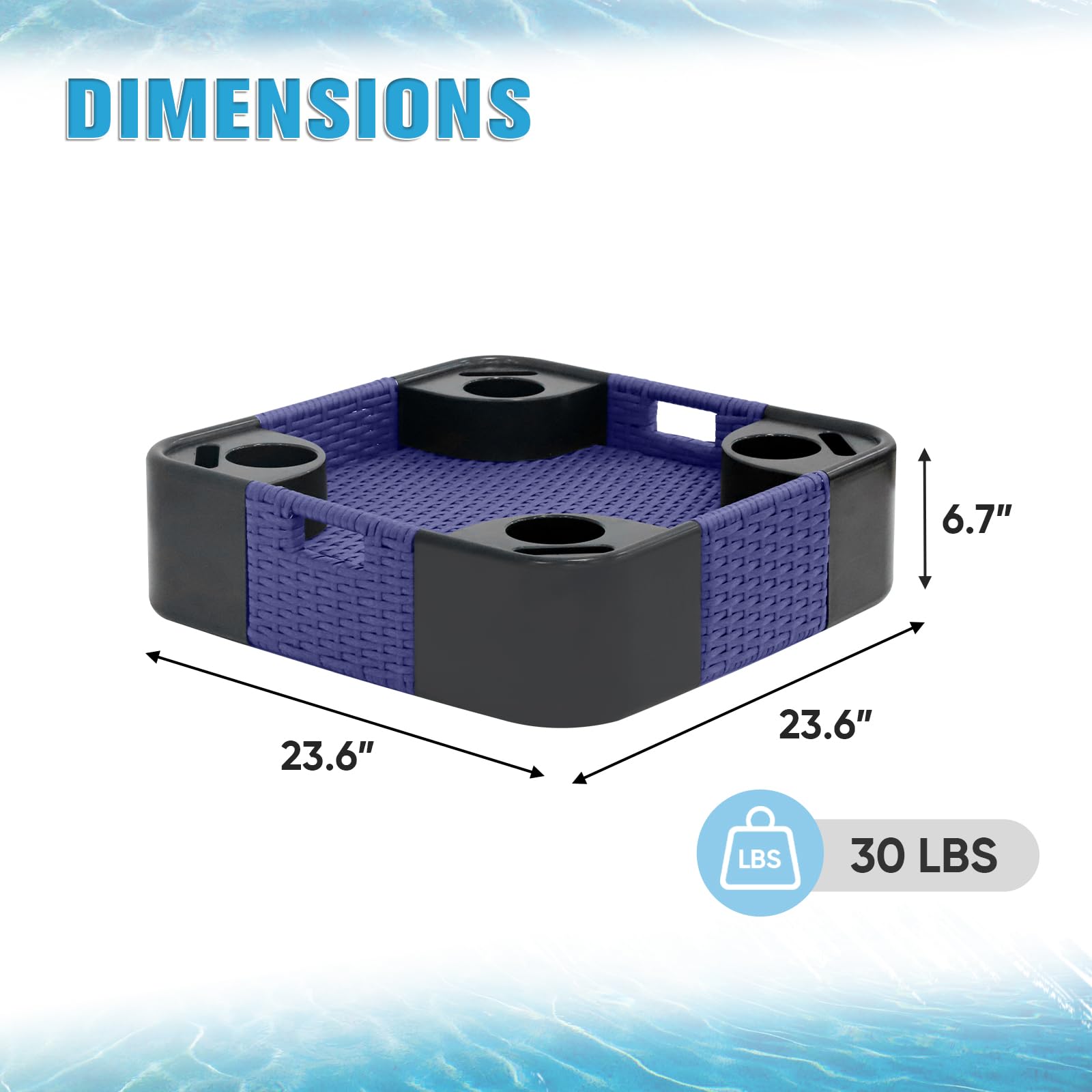 COOS BAY 24"x24" Square Floating Pool Tray with Cup Holders and Phone Slots, Large Wicker Drink Holder for Pool, Hot Tub & Spa, Waterproof Serving Tray, Blue - Image 3