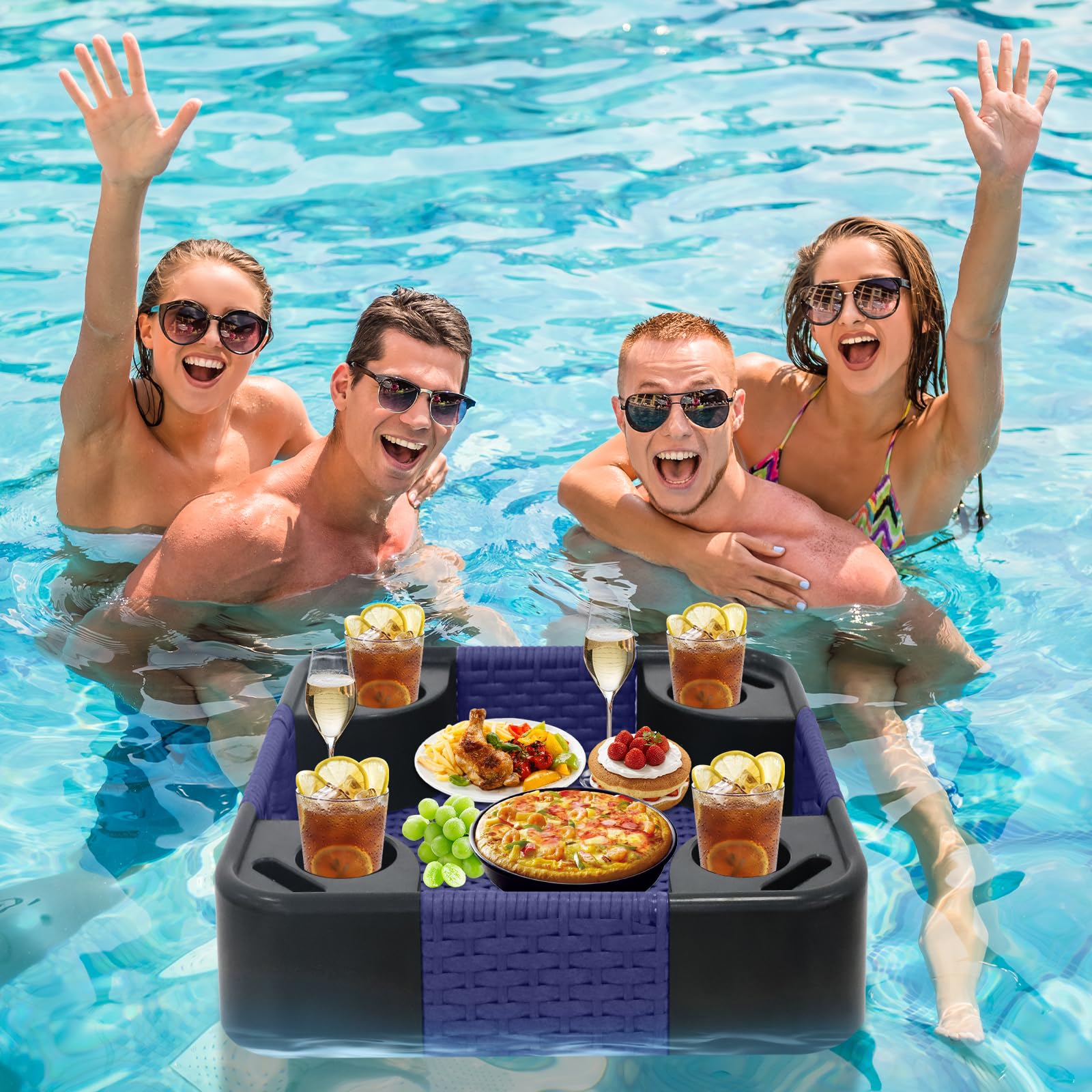 COOS BAY 24"x24" Square Floating Pool Tray with Cup Holders and Phone Slots, Large Wicker Drink Holder for Pool, Hot Tub & Spa, Waterproof Serving Tray, Blue - Image 5