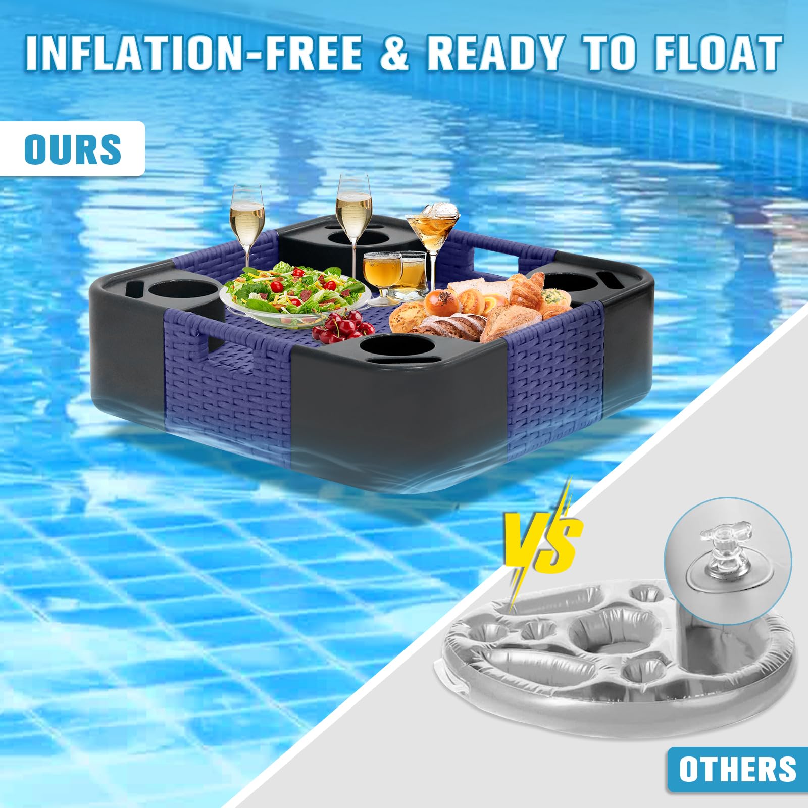COOS BAY 24"x24" Square Floating Pool Tray with Cup Holders and Phone Slots, Large Wicker Drink Holder for Pool, Hot Tub & Spa, Waterproof Serving Tray, Blue - Image 6
