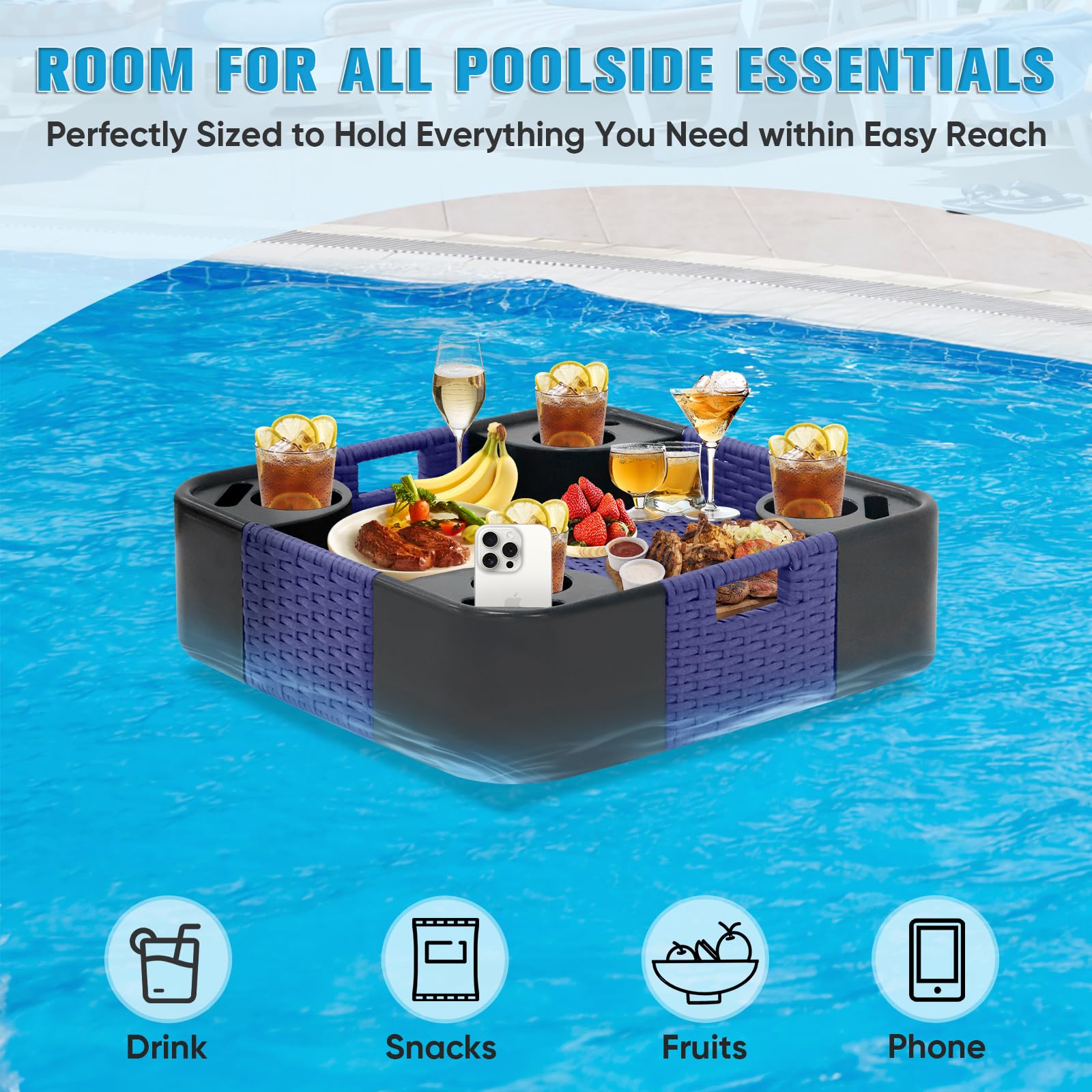 COOS BAY 24"x24" Square Floating Pool Tray with Cup Holders and Phone Slots, Large Wicker Drink Holder for Pool, Hot Tub & Spa, Waterproof Serving Tray, Blue - Image 7