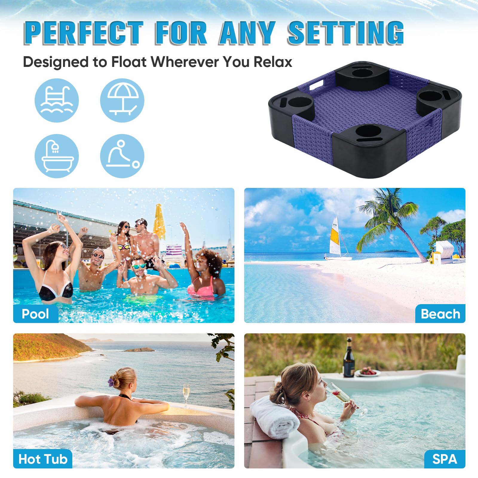 COOS BAY 24"x24" Square Floating Pool Tray with Cup Holders and Phone Slots, Large Wicker Drink Holder for Pool, Hot Tub & Spa, Waterproof Serving Tray, Blue - Image 8