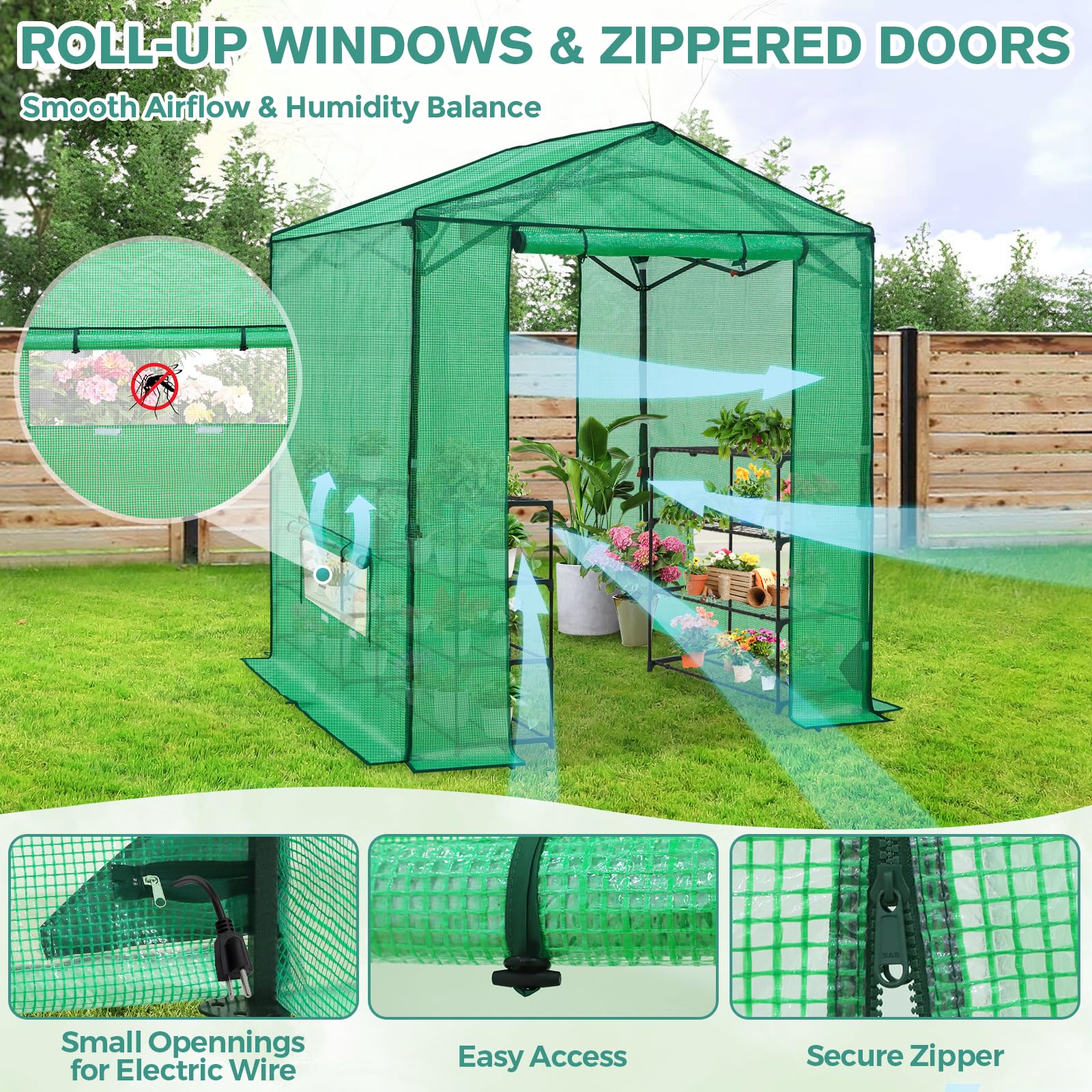 COOS BAY 6x6 Pop Up Greenhouse Outdoor, Walk in Garden Greenhouse with Power Access Openings, Zippered Doors & Windows, PE Cover, Green - Image 4