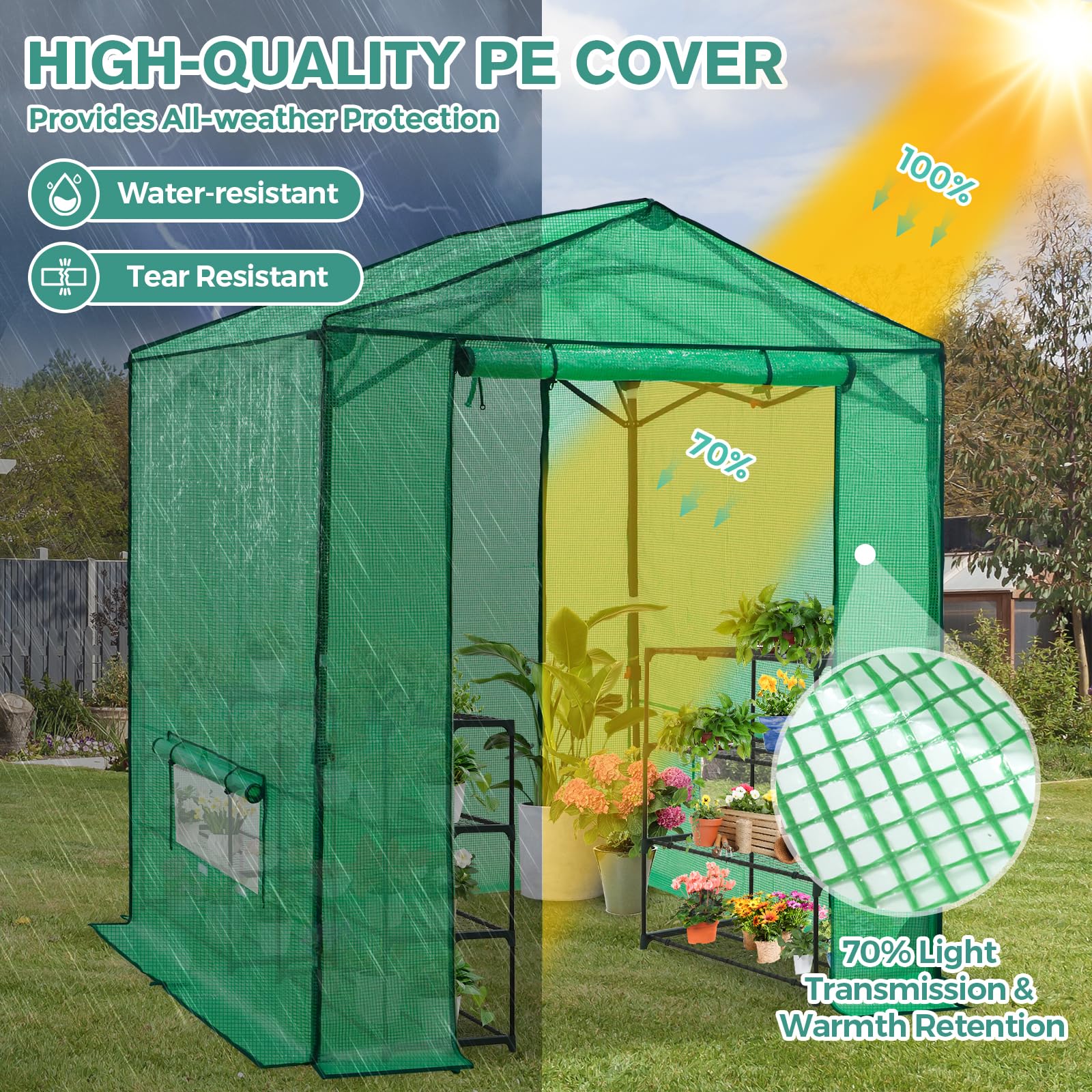 COOS BAY 6x6 Pop Up Greenhouse Outdoor, Walk in Garden Greenhouse with Power Access Openings, Zippered Doors & Windows, PE Cover, Green - Image 7