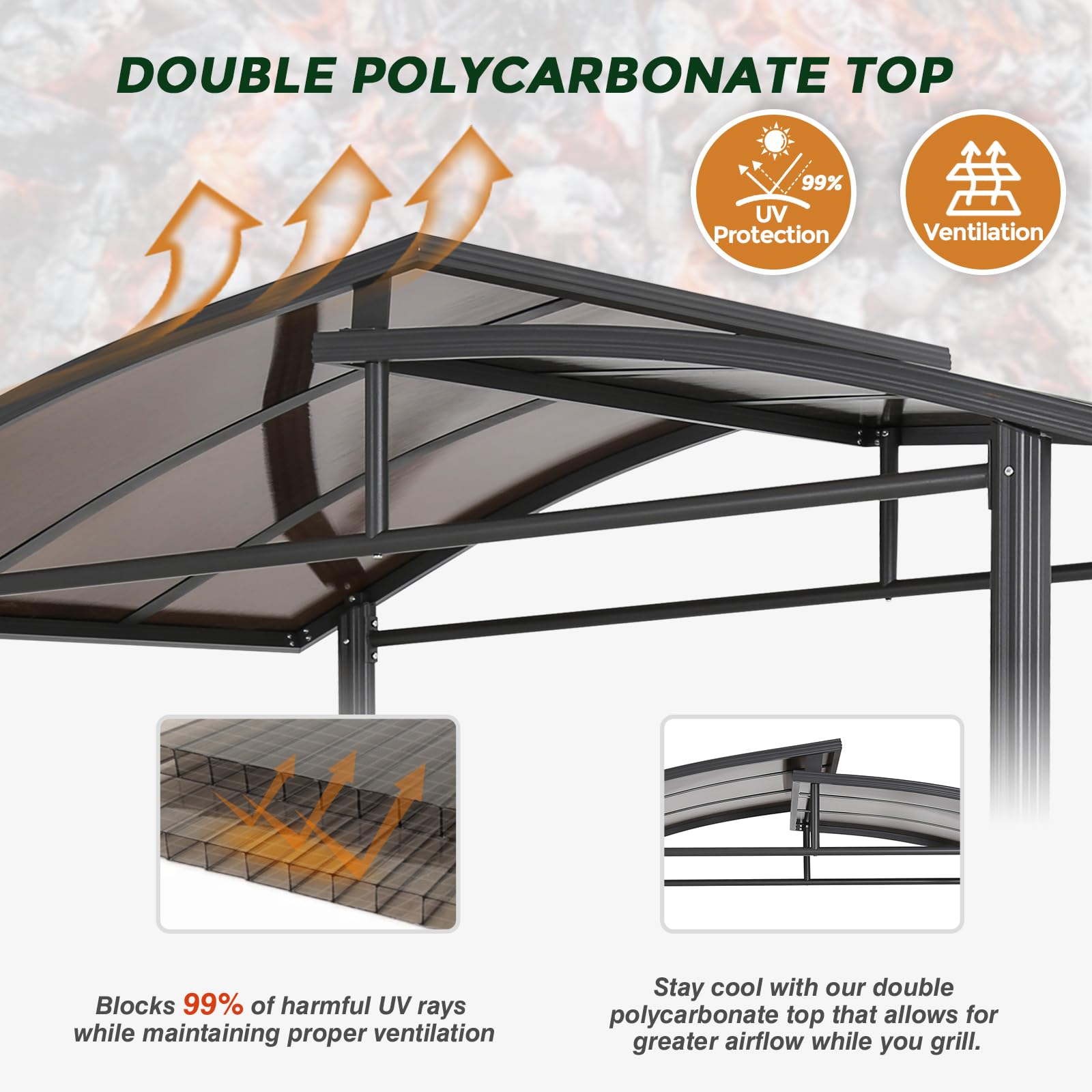COOS BAY 8x5 Hardtop Grill Gazebo, Outdoor BBQ Canopy, Steel Frame Double-Tier Polycarbonate Roof with Side Shelves, Weather Resistant - Image 3