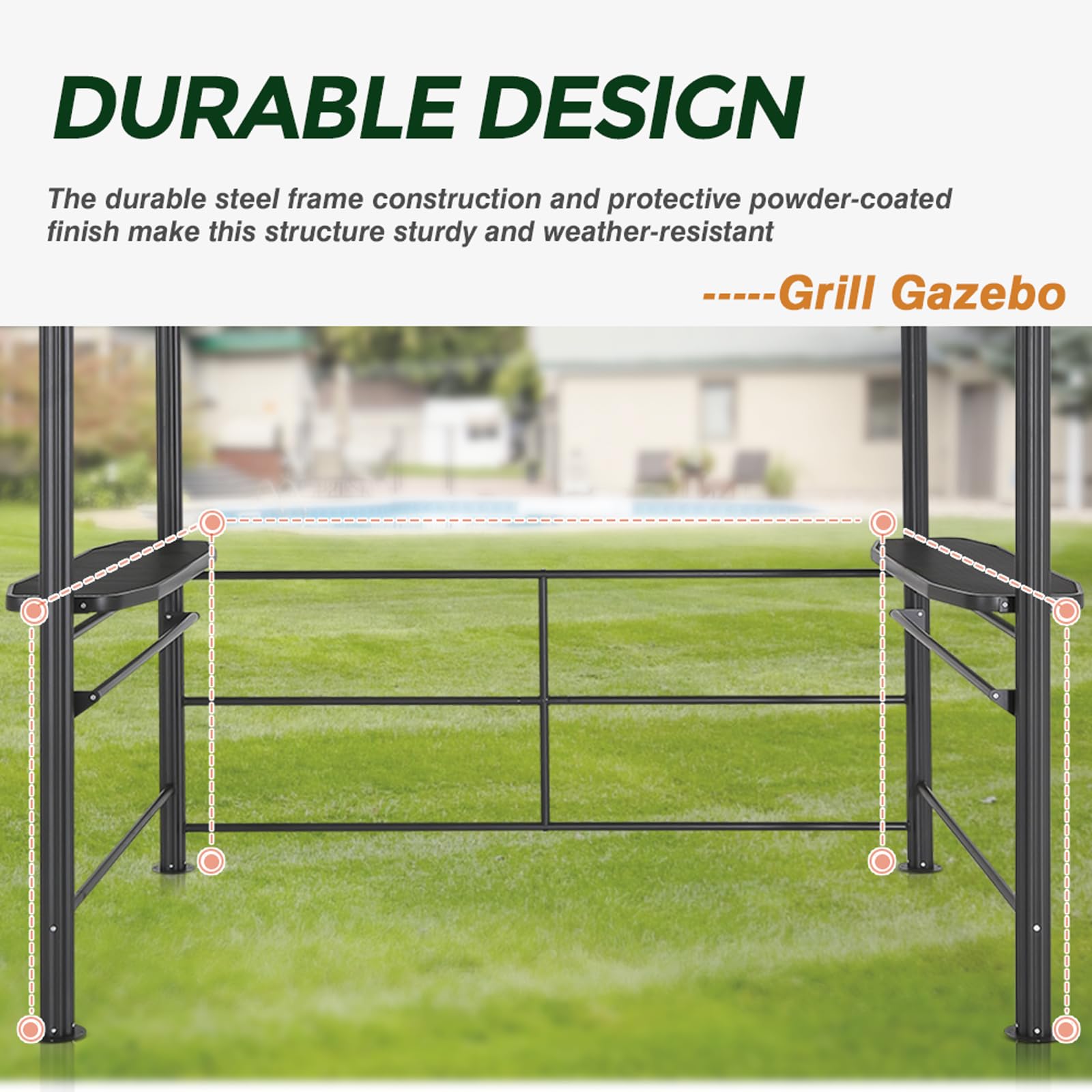 COOS BAY 8x5 Hardtop Grill Gazebo, Outdoor BBQ Canopy, Steel Frame Double-Tier Polycarbonate Roof with Side Shelves, Weather Resistant - Image 6