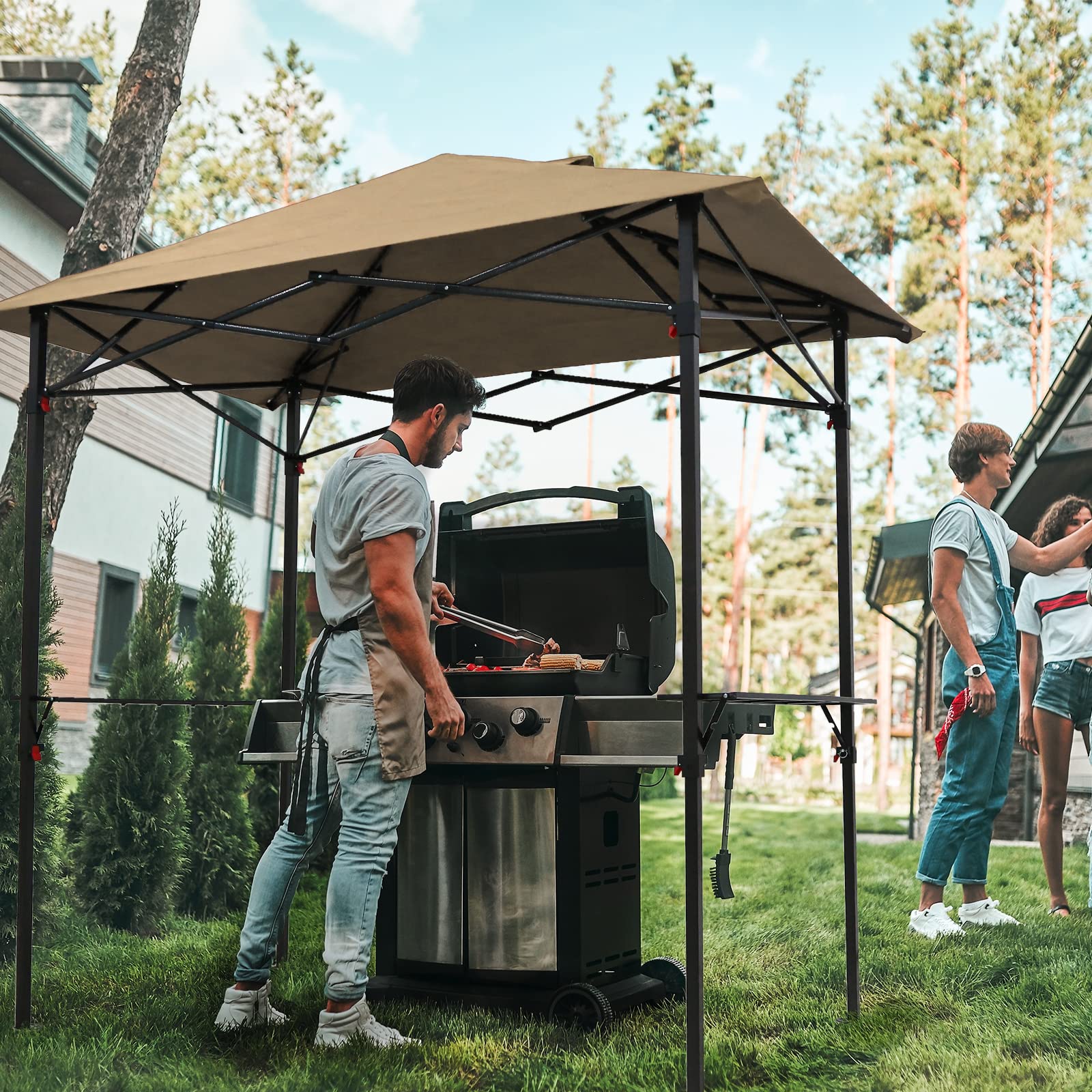 COOS BAY 8x5 Pop Up Outdoor Grill Gazebo, Portable BBQ Grill with Carry Bag, Outdoor Barbecue Shelter with Side Shelves, Beige - Image 5