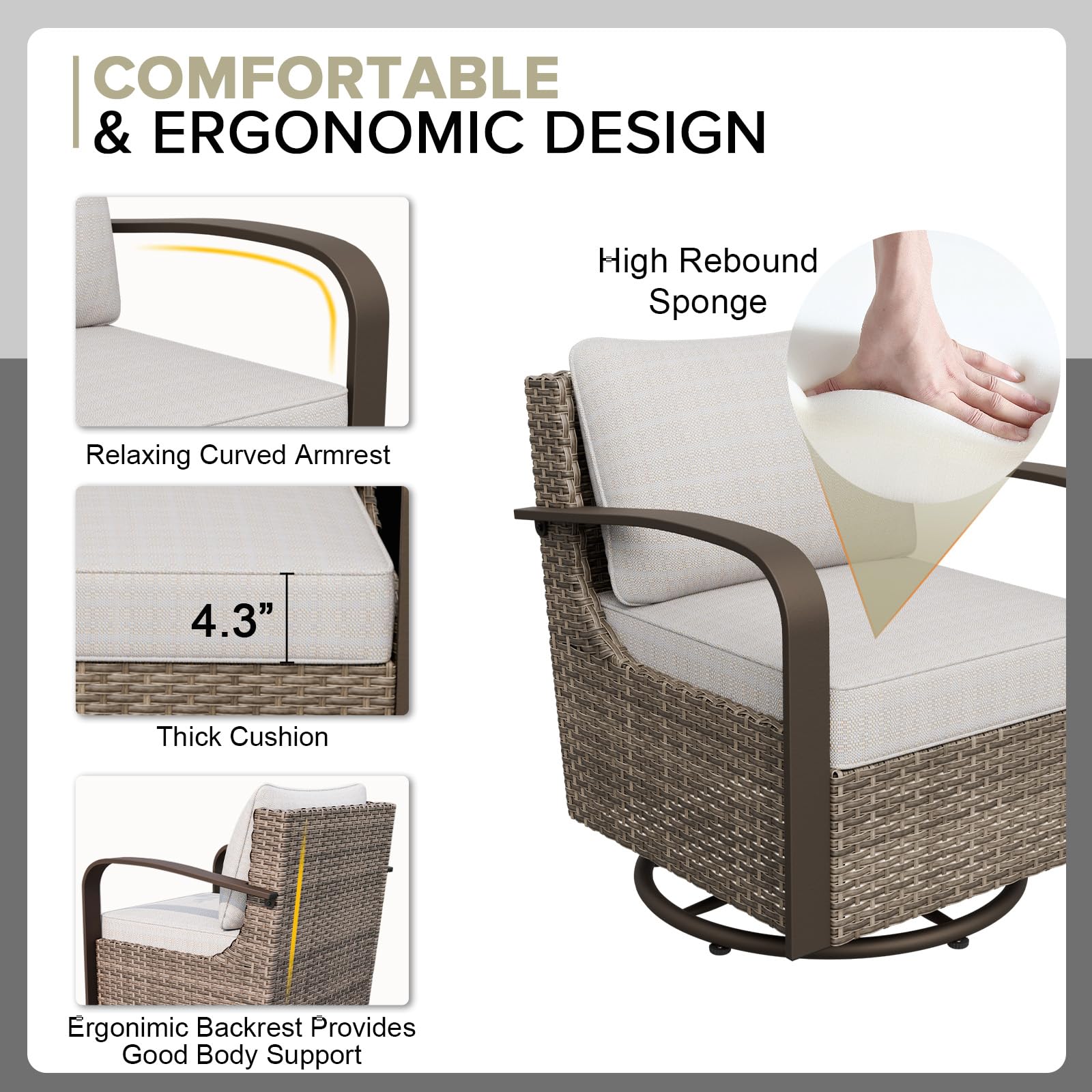 COOS BAY Aurora Terrace Outdoor Swivel Rocker Chair with 4 Inch Thick Cushions, Rattan Patio Glider Rocking Chair, All Weather Wicker Armchair for Porch, 2 Piece, Beige/Beige - Image 3