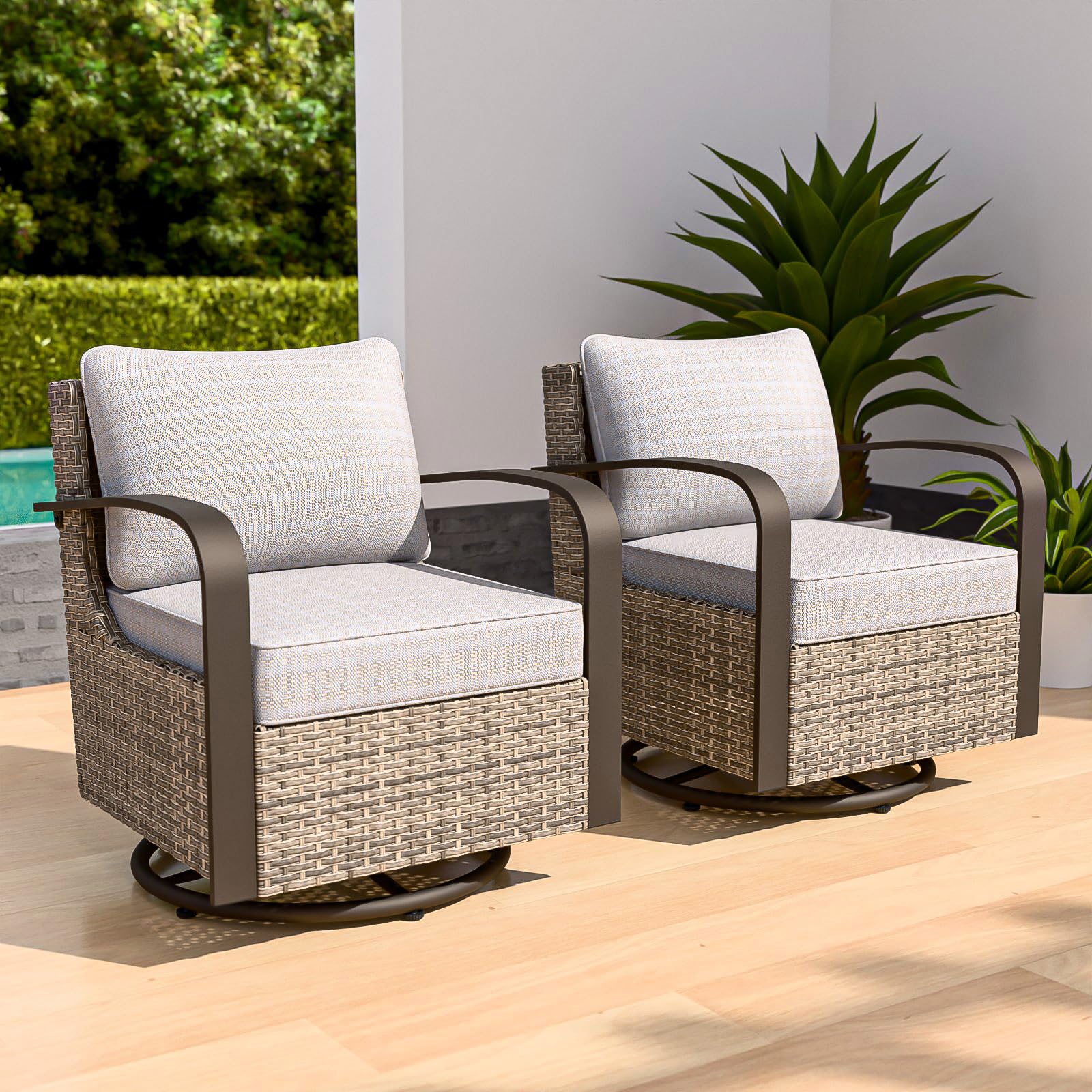 COOS BAY Aurora Terrace Outdoor Swivel Rocker Chair with 4 Inch Thick Cushions, Rattan Patio Glider Rocking Chair, All Weather Wicker Armchair for Porch, 2 Piece, Beige/Beige - Image 6