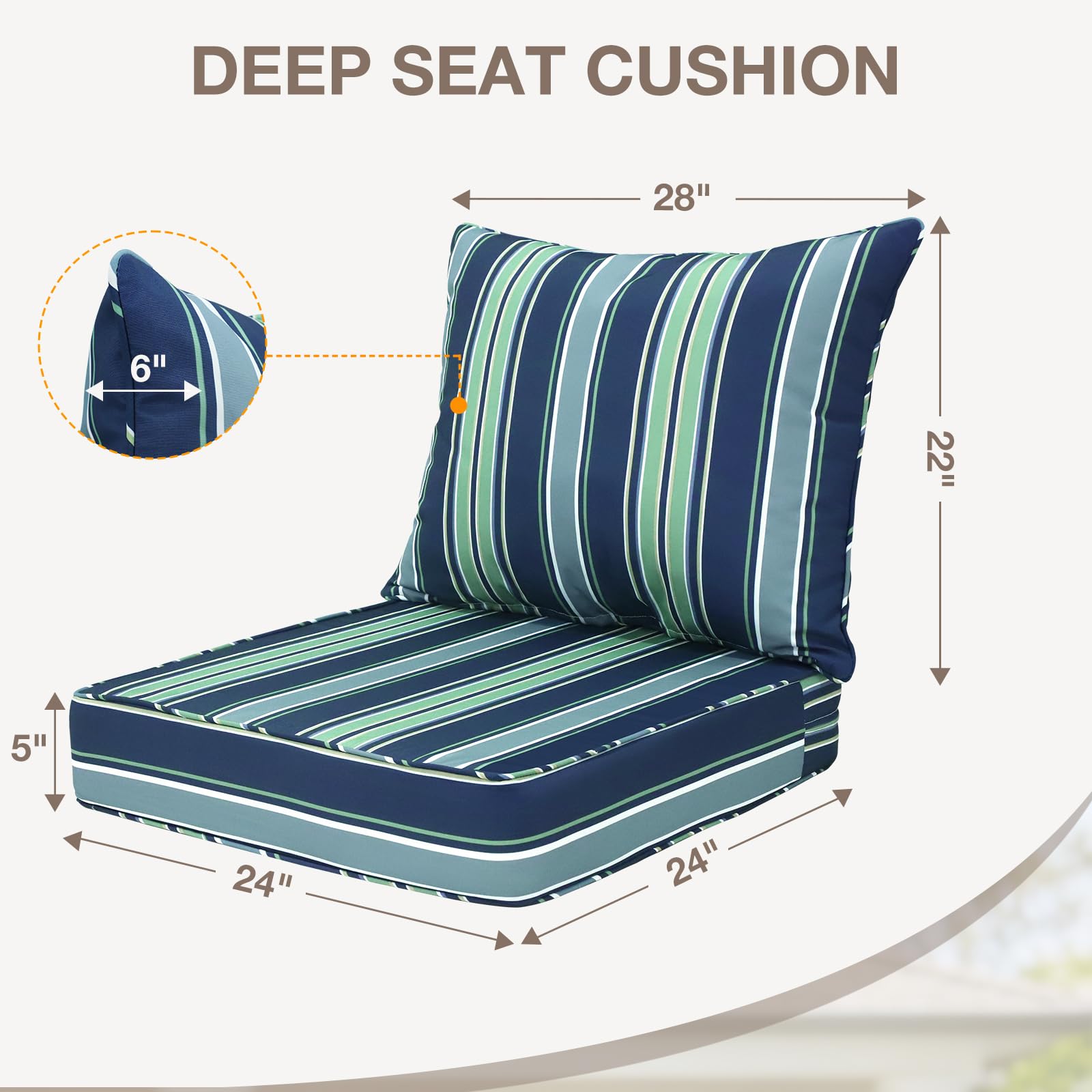 COOS BAY Deep Seat Patio Chair Cushions, 2 Piece Set, Water Resistant Outdoor Cushions with Ties, 24x24x5 in for Chairs, Benches, Set of 1, Seabrook Stripe - Image 3
