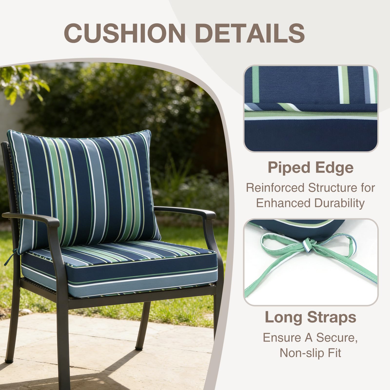 COOS BAY Deep Seat Patio Chair Cushions, 2 Piece Set, Water Resistant Outdoor Cushions with Ties, 24x24x5 in for Chairs, Benches, Set of 1, Seabrook Stripe - Image 6