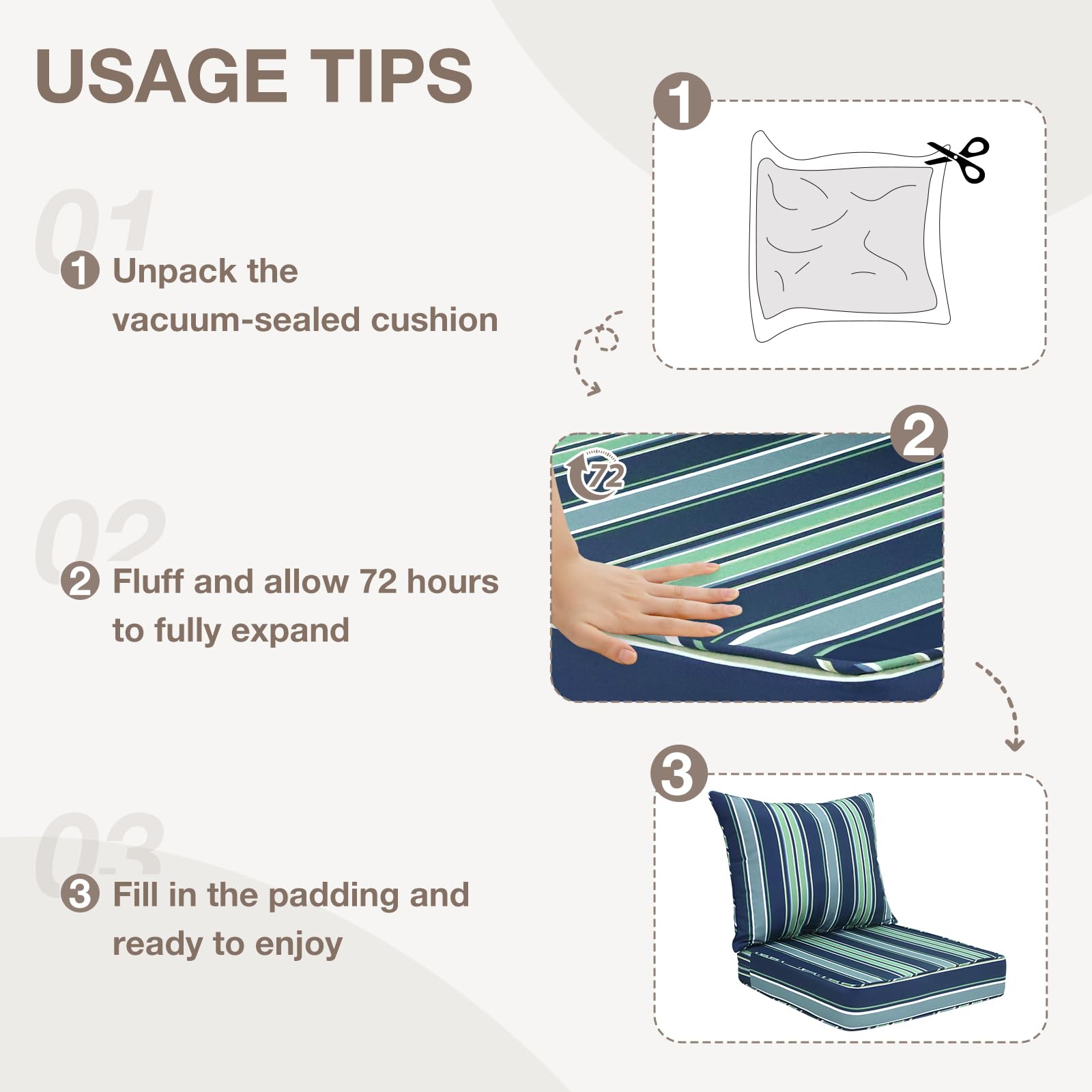 COOS BAY Deep Seat Patio Chair Cushions, 2 Piece Set, Water Resistant Outdoor Cushions with Ties, 24x24x5 in for Chairs, Benches, Set of 1, Seabrook Stripe - Image 7