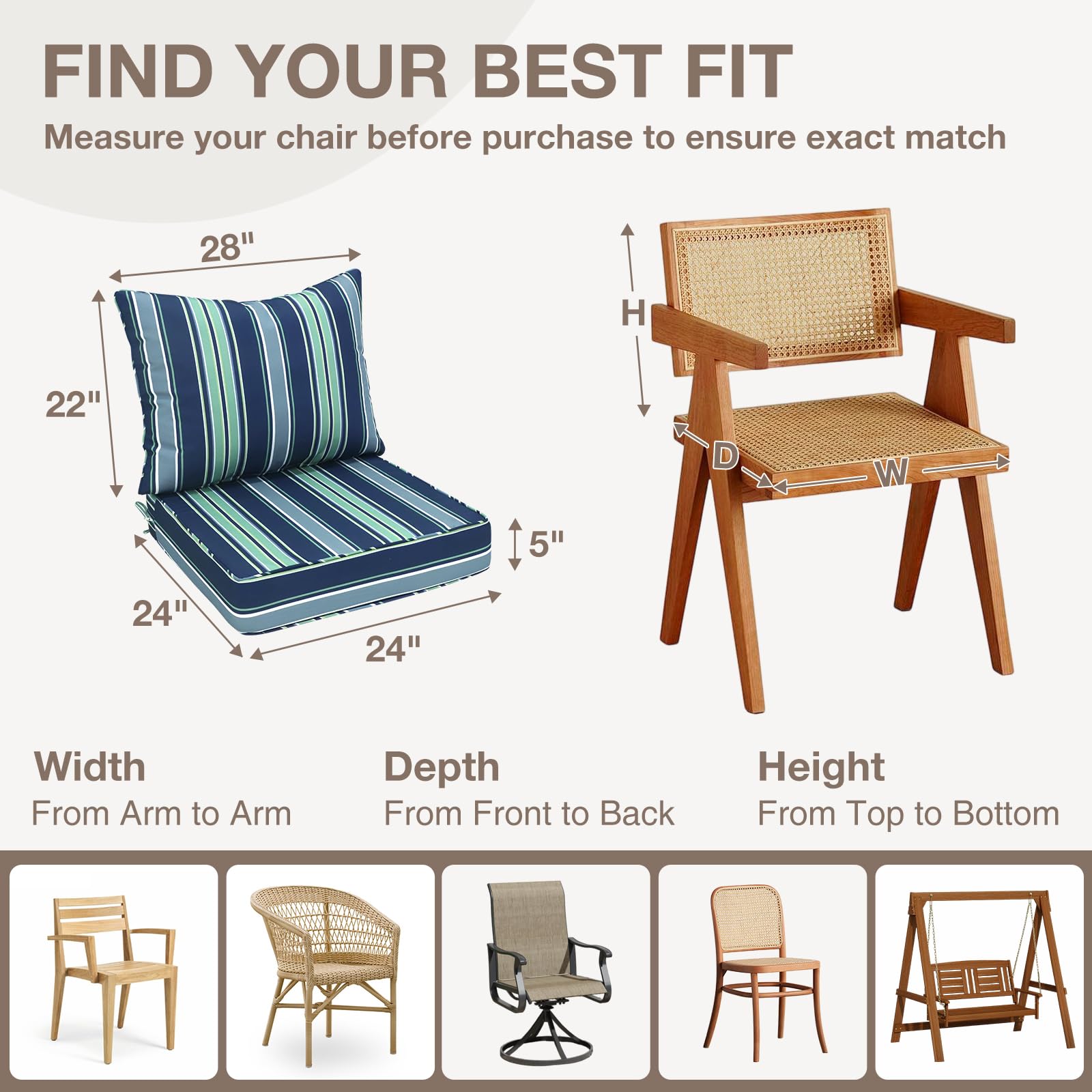 COOS BAY Deep Seat Patio Chair Cushions, 2 Piece Set, Water Resistant Outdoor Cushions with Ties, 24x24x5 in for Chairs, Benches, Set of 1, Seabrook Stripe - Image 9