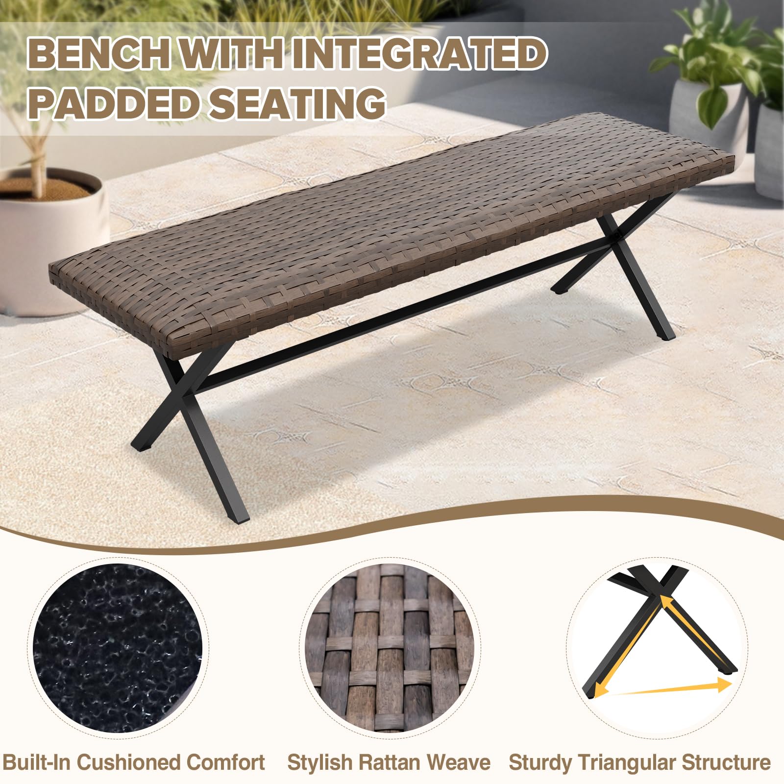 COOS BAY Echo Vibe Outdoor Bench Weatherproof, Wicker Patio Bench, Patio Dining Furniture Set, Brown - Image 3