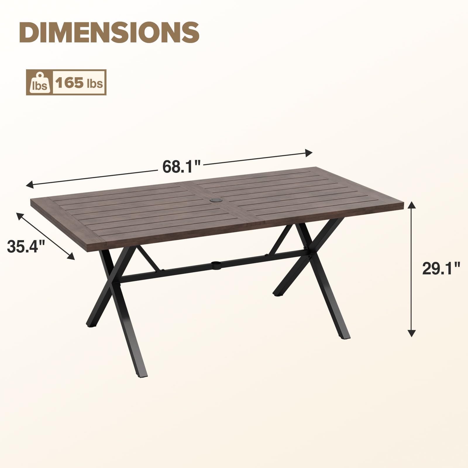 COOS BAY Echo Vibe Outdoor Dining Table with Umbrella Hole, Natural Wood Patio Dining Table for 6, Patio Furniture Set, Brown - Image 3