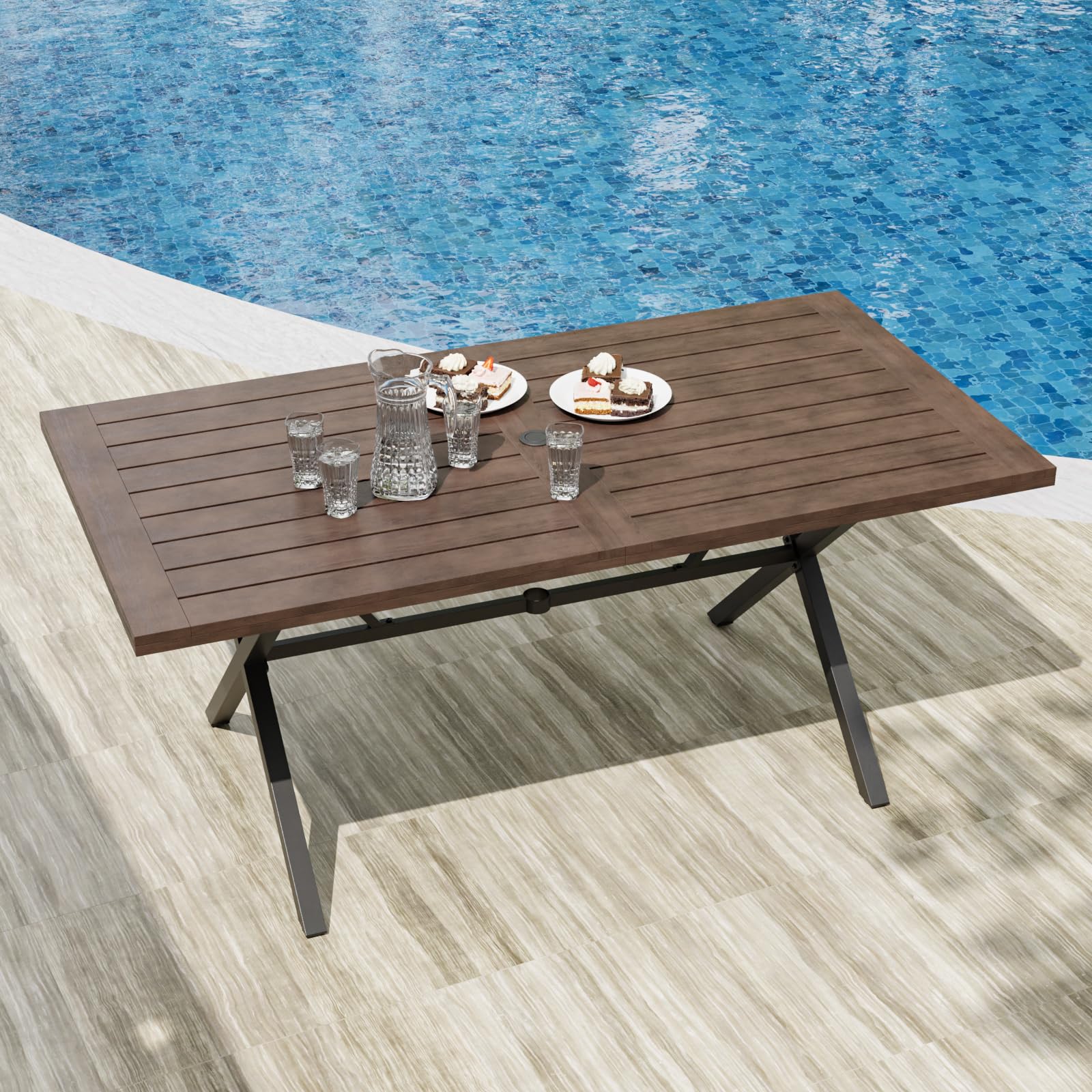 COOS BAY Echo Vibe Outdoor Dining Table with Umbrella Hole, Natural Wood Patio Dining Table for 6, Patio Furniture Set, Brown - Image 4