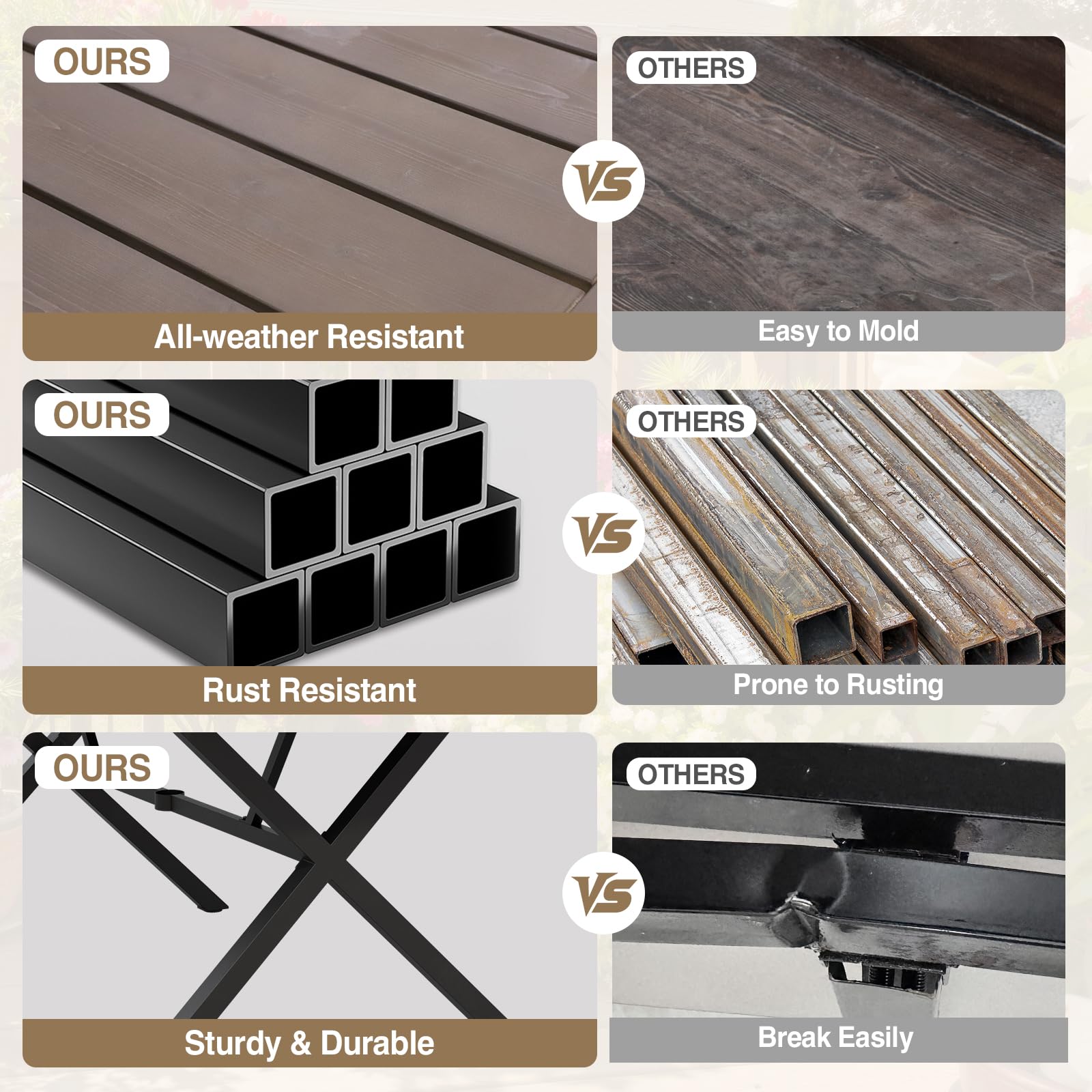 COOS BAY Echo Vibe Outdoor Dining Table with Umbrella Hole, Natural Wood Patio Dining Table for 6, Patio Furniture Set, Brown - Image 5