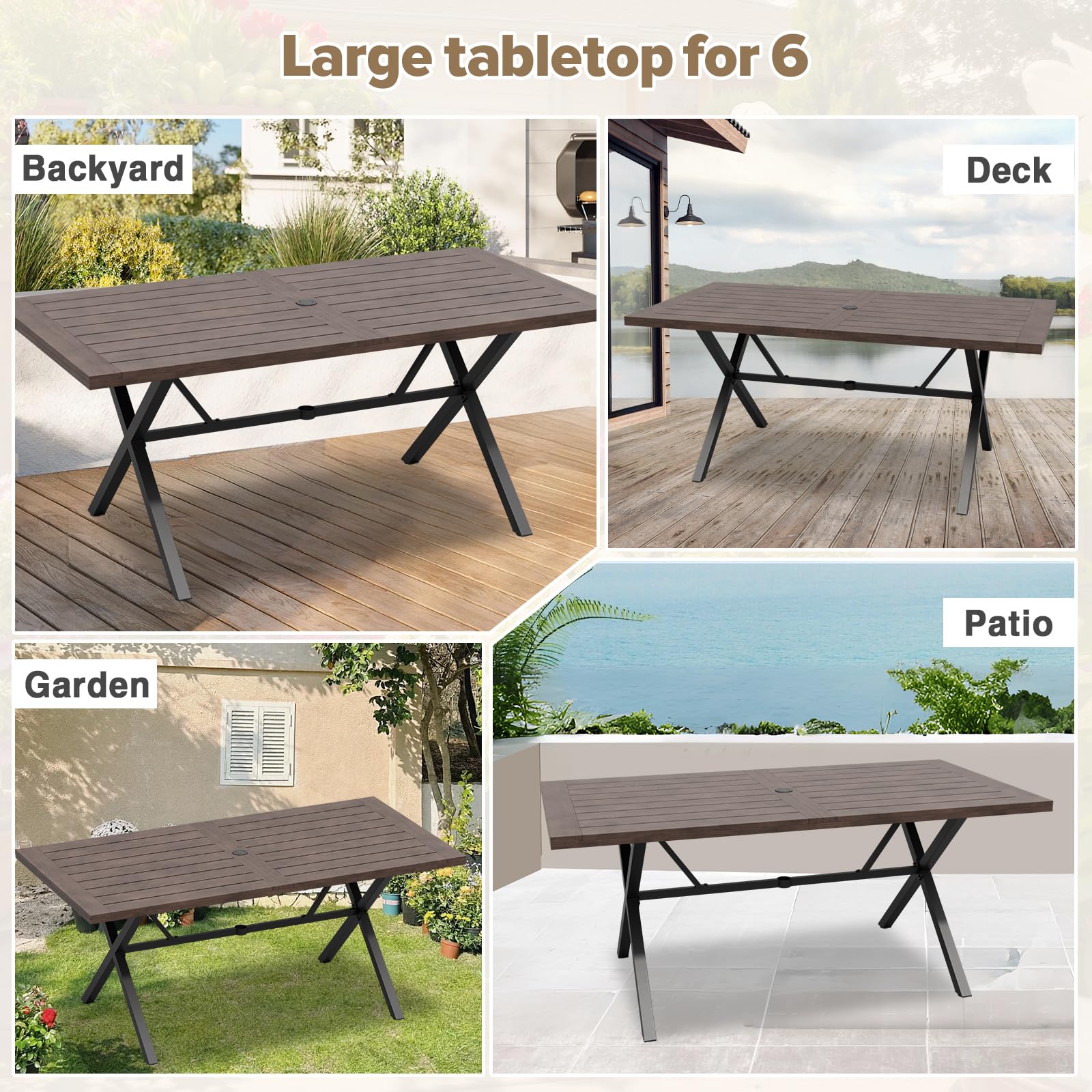 COOS BAY Echo Vibe Outdoor Dining Table with Umbrella Hole, Natural Wood Patio Dining Table for 6, Patio Furniture Set, Brown - Image 6