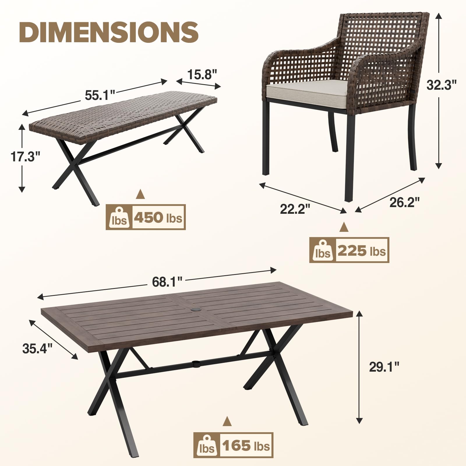 COOS BAY Echo Vibe Patio Dining Set for 4 with 2 Chairs, a Bench and a Table, 4 Piece Outdoor Dining Set, Brown/Beige - Image 3