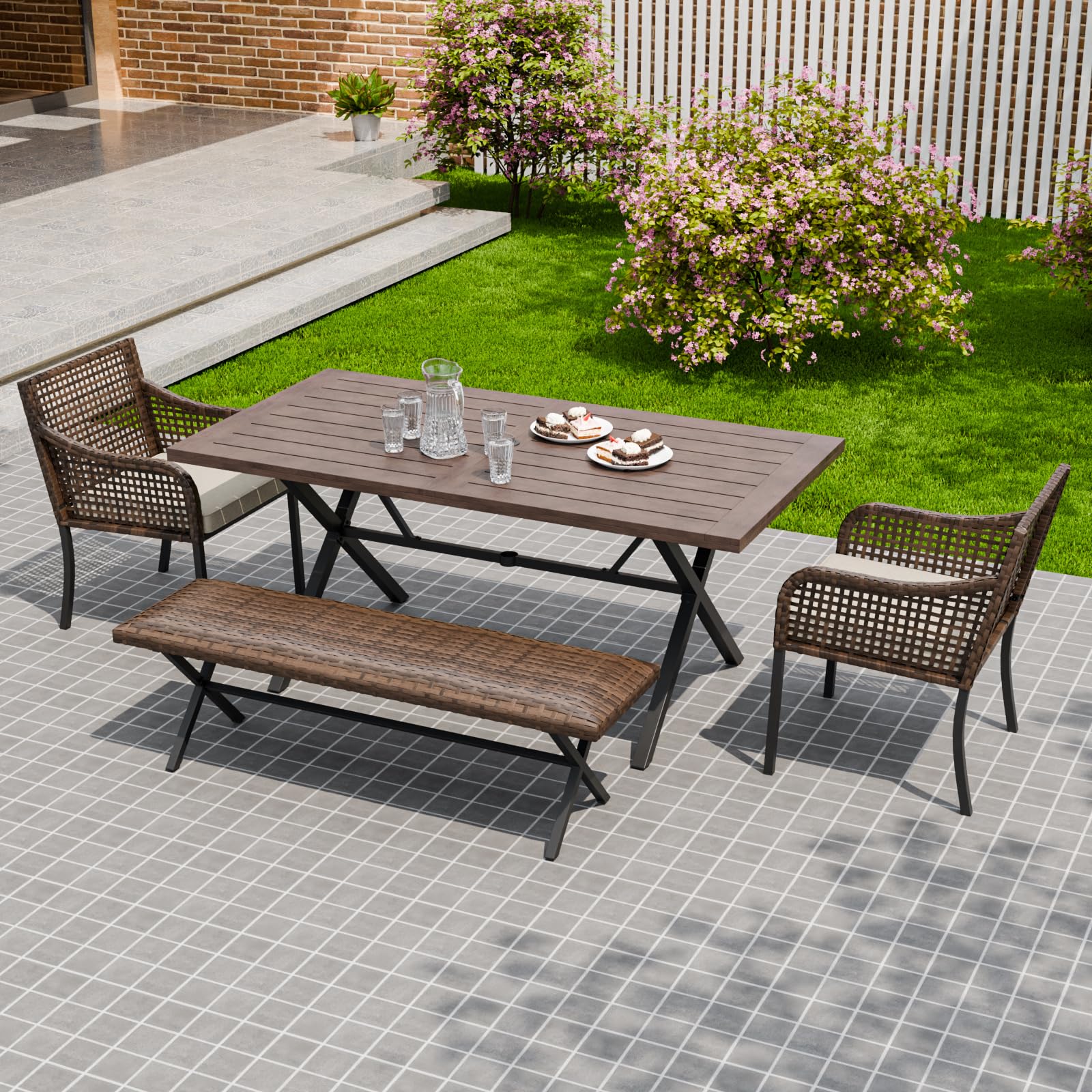 COOS BAY Echo Vibe Patio Dining Set for 4 with 2 Chairs, a Bench and a Table, 4 Piece Outdoor Dining Set, Brown/Beige - Image 5
