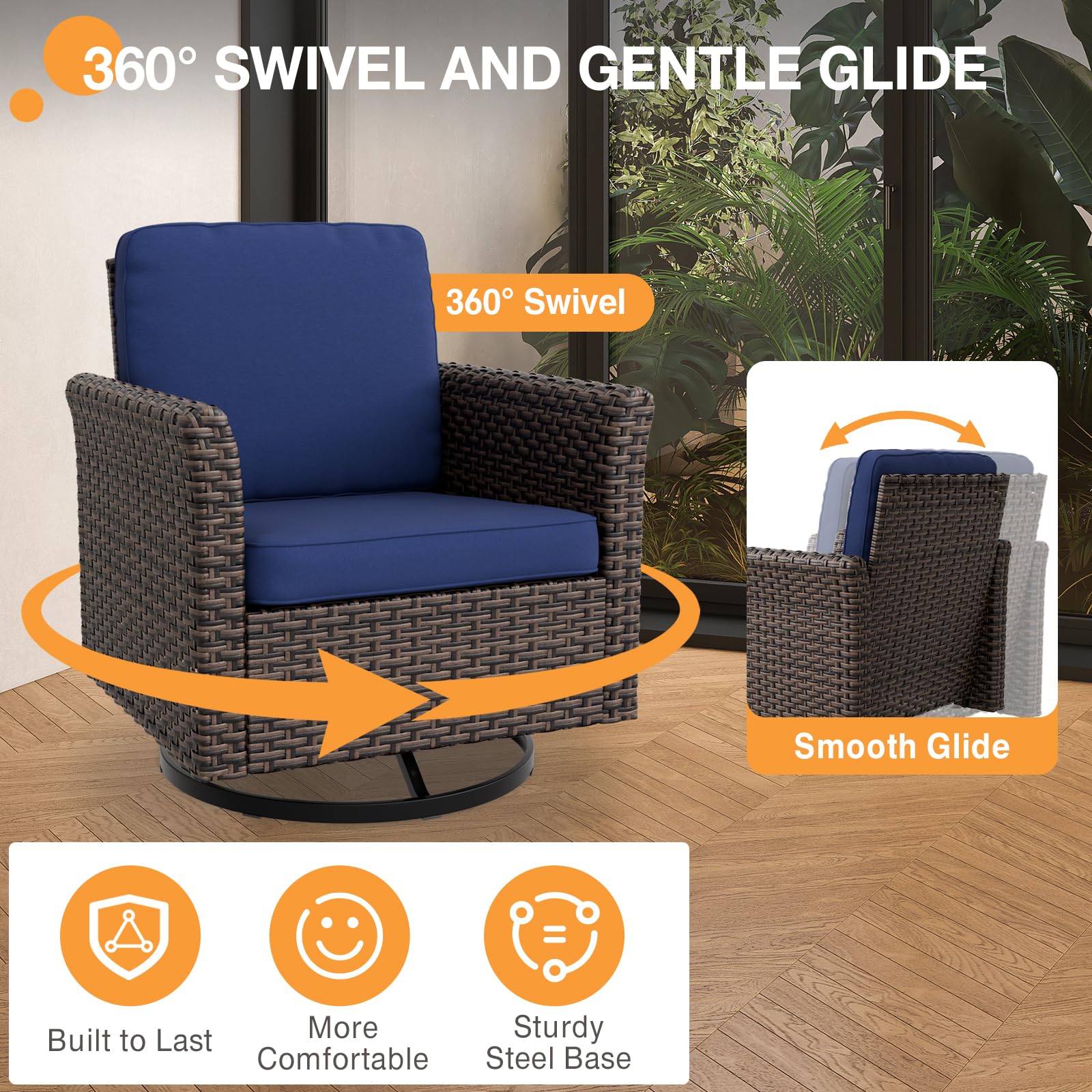 COOS BAY Harbor Retreat 2 Piece Outdoor Patio Swivel Rocker Set, 360° Swivel Rocking Glider Chairs, PE Wicker Furniture, Brown/Blue - Image 5