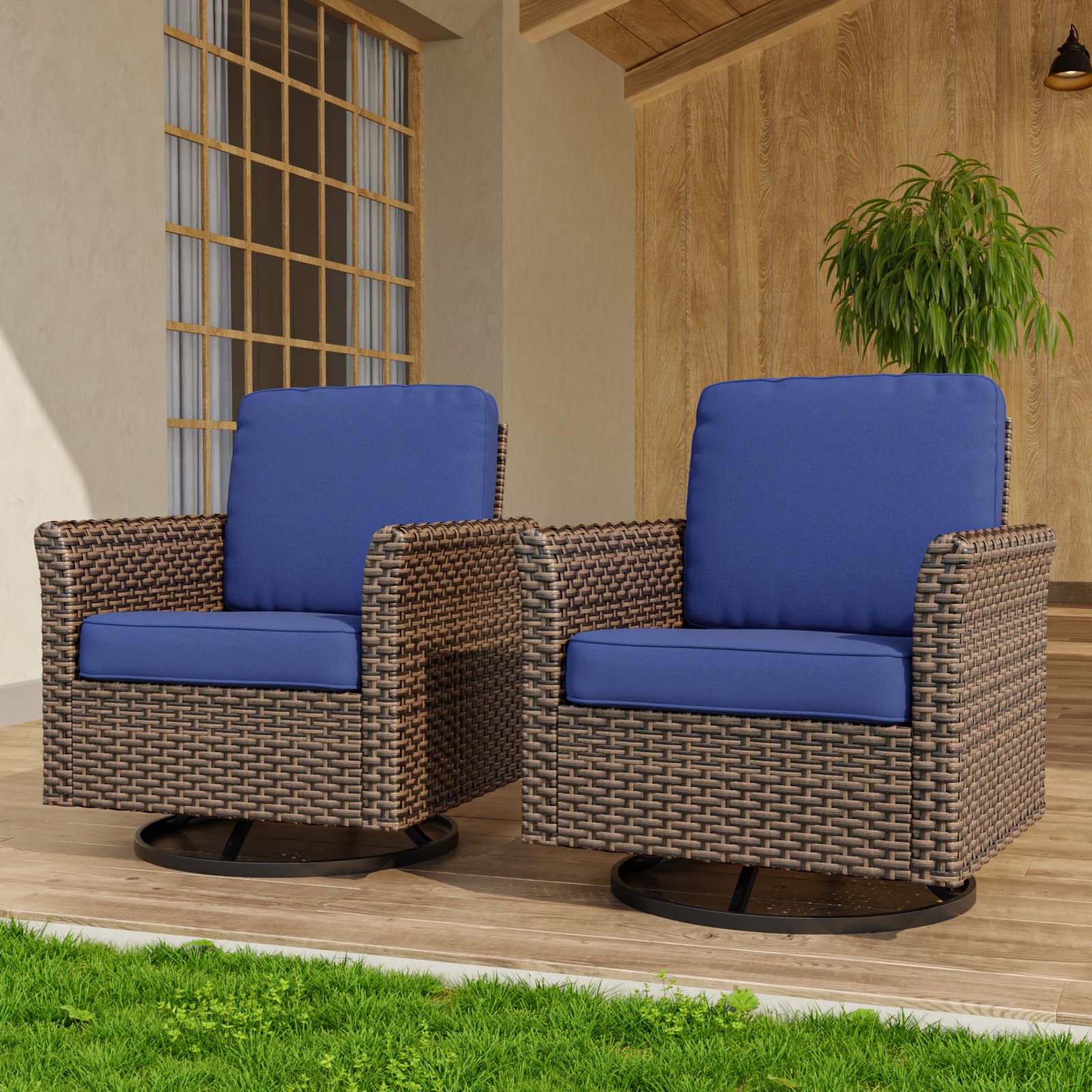 COOS BAY Harbor Retreat 2 Piece Outdoor Patio Swivel Rocker Set, 360° Swivel Rocking Glider Chairs, PE Wicker Furniture, Brown/Blue - Image 7
