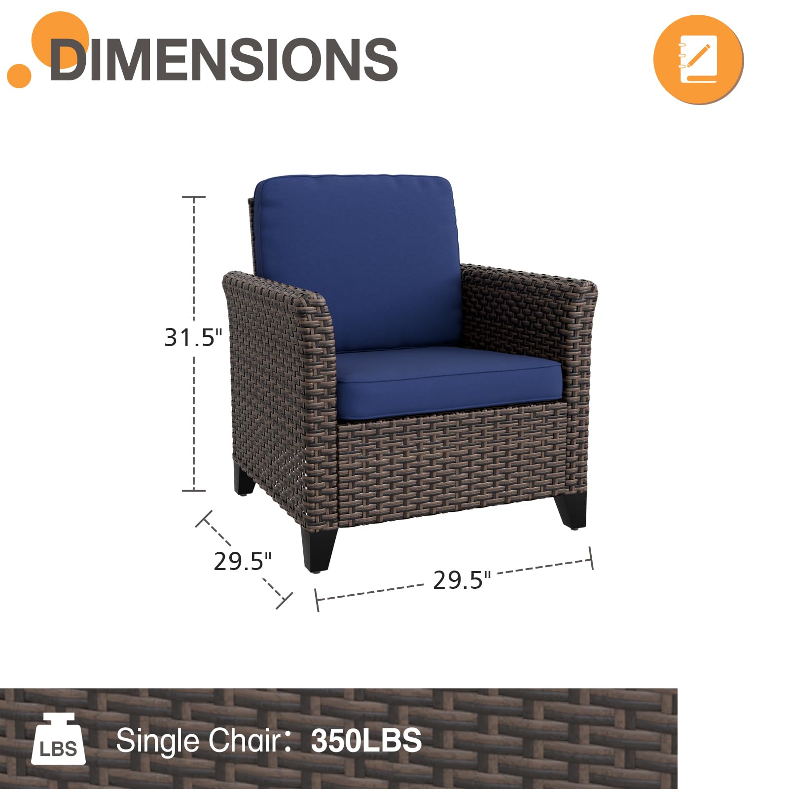 COOS BAY Harbor Retreat 2 Piece Wicker Patio Chairs with Cushions, Outdoor Sofa, Balcony Furniture with Deep Seating 4 inch Cushions, PE Rattan Porch Chair, Brown/Blue - Image 3