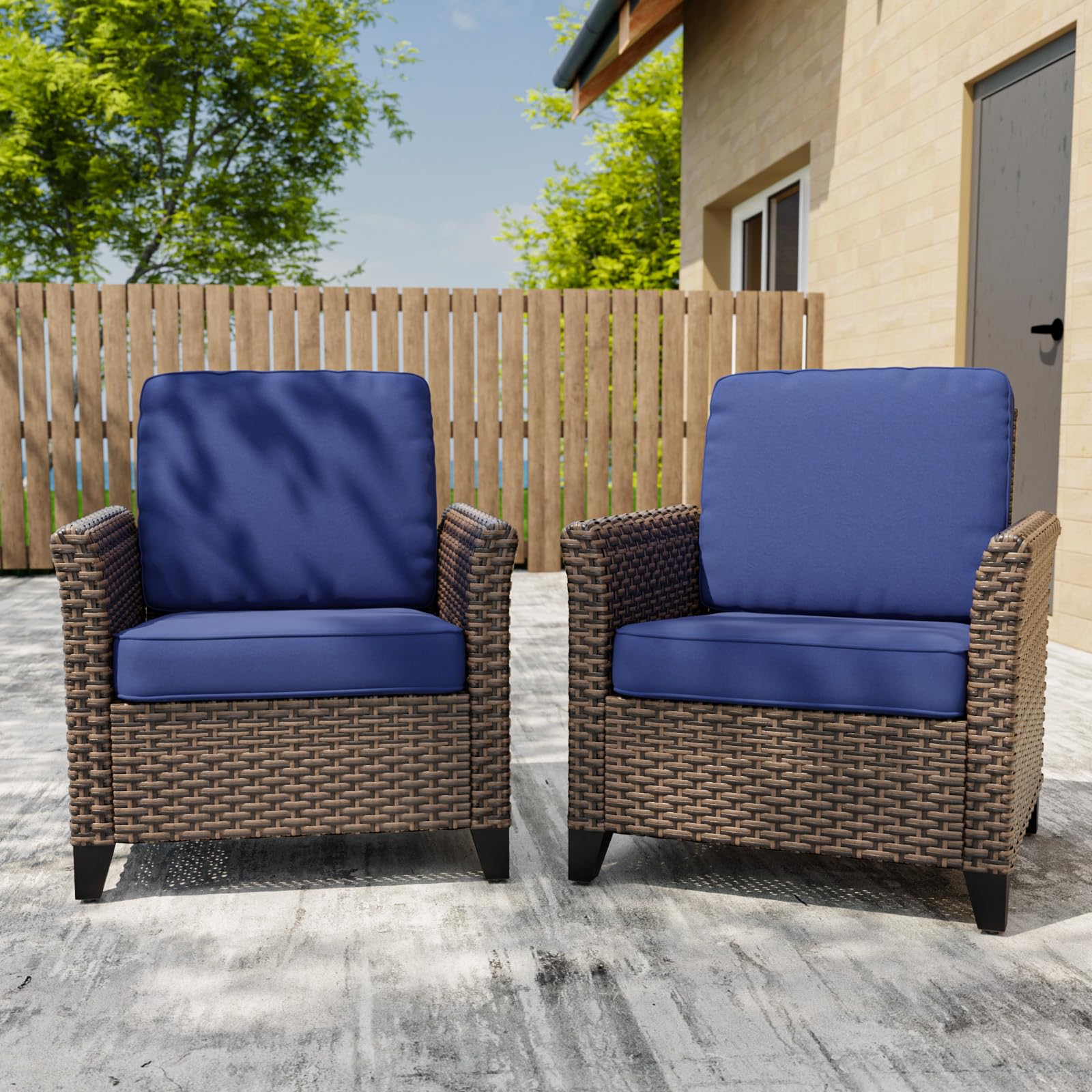 COOS BAY Harbor Retreat 2 Piece Wicker Patio Chairs with Cushions, Outdoor Sofa, Balcony Furniture with Deep Seating 4 inch Cushions, PE Rattan Porch Chair, Brown/Blue - Image 5
