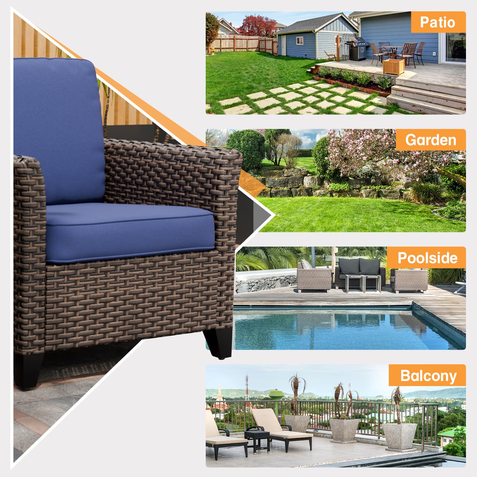 COOS BAY Harbor Retreat 2 Piece Wicker Patio Chairs with Cushions, Outdoor Sofa, Balcony Furniture with Deep Seating 4 inch Cushions, PE Rattan Porch Chair, Brown/Blue - Image 7