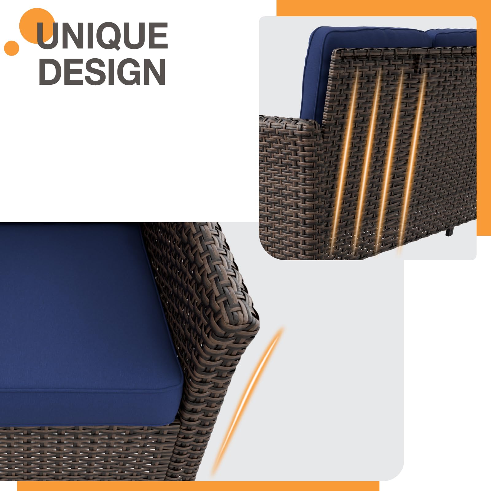 COOS BAY Harbor Retreat Outdoor Sofa, 3 Seat Rattan Couch Sofa with Cushions, Small Patio Furniture for Balcony or Deck, Brown/Blue - Image 6