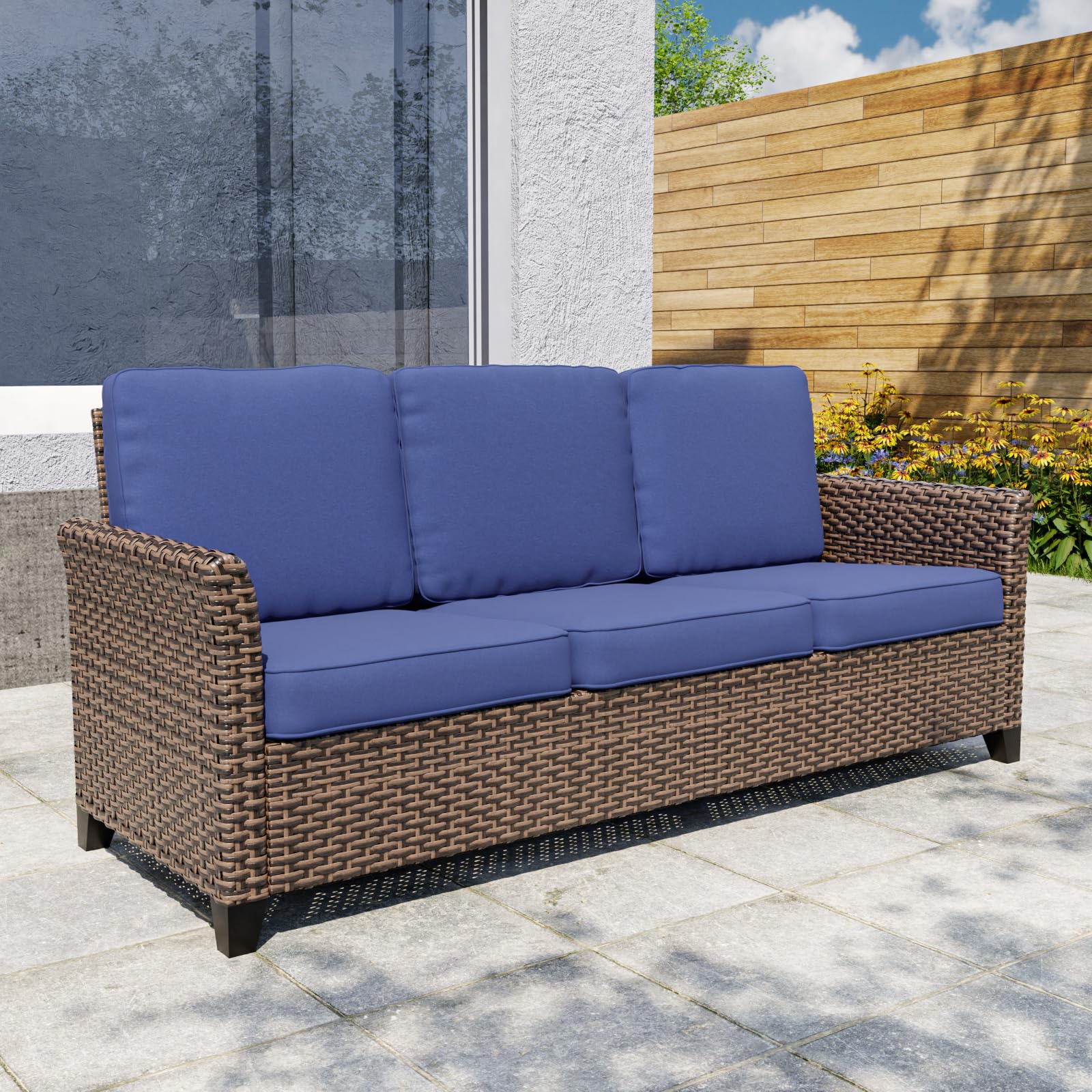 COOS BAY Harbor Retreat Outdoor Sofa, 3 Seat Rattan Couch Sofa with Cushions, Small Patio Furniture for Balcony or Deck, Brown/Blue - Image 8