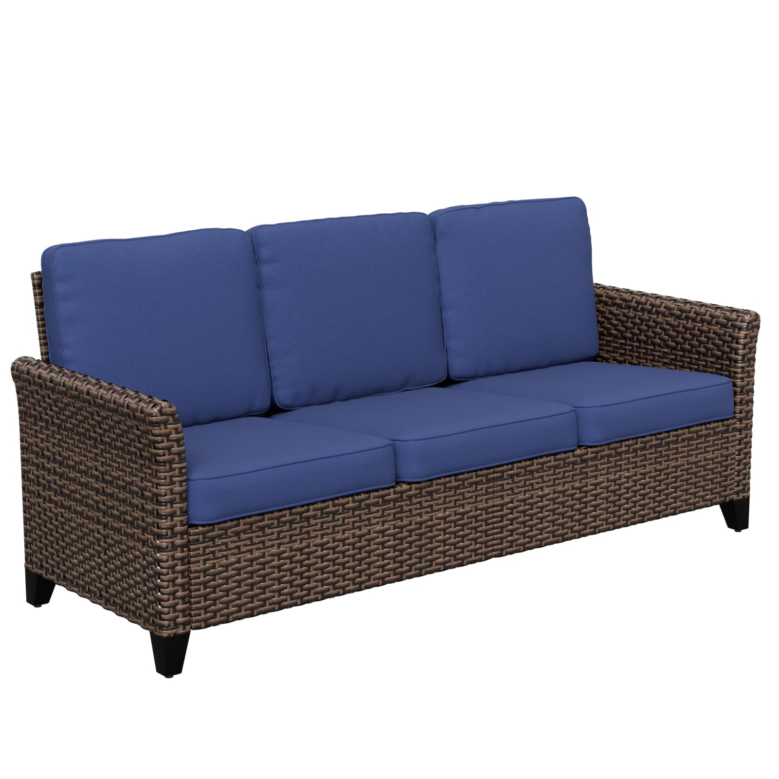 COOS BAY Harbor Retreat Outdoor Sofa, 3 Seat Rattan Couch Sofa with Cushions, Small Patio Furniture for Balcony or Deck, Brown/Blue - Image 9