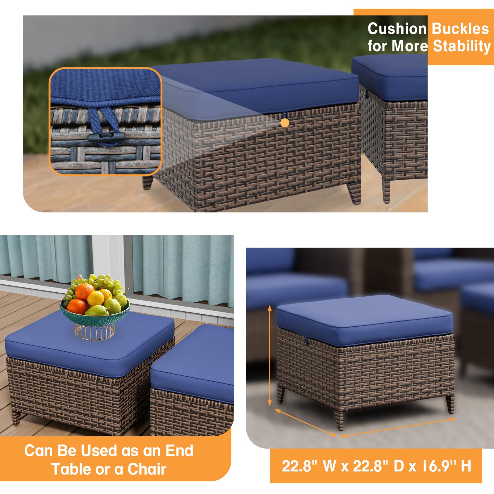 COOS BAY Harbor Retreat Wicker Outdoor Ottomans Set of 2, Patio Footrests with Removable Cushions for Couch, Deck, Backyard & Poolside, Brown/Blue - Image 5