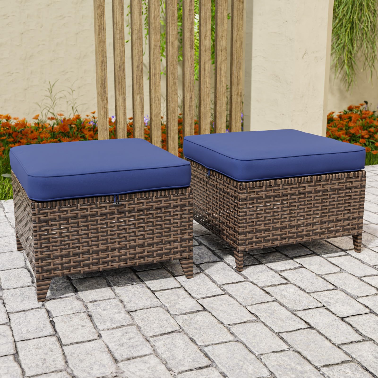 COOS BAY Harbor Retreat Wicker Outdoor Ottomans Set of 2, Patio Footrests with Removable Cushions for Couch, Deck, Backyard & Poolside, Brown/Blue - Image 8
