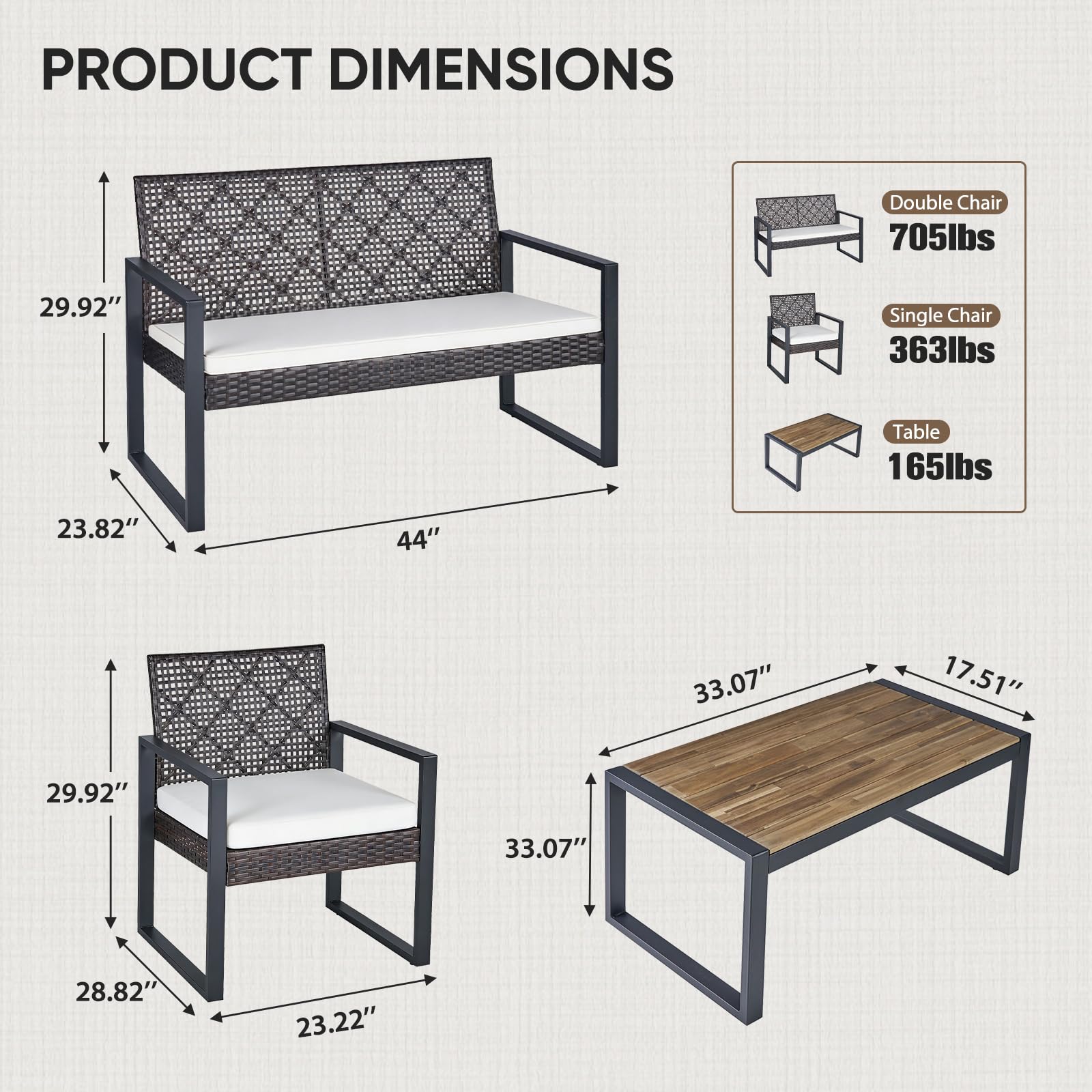 COOS BAY Haven Lounge 4 Piece Rattan Patio Furniture Set, Outdoor Wicker Patio Conversation Set for Balcony & Backyard, Dark Brown/Beige - Image 3