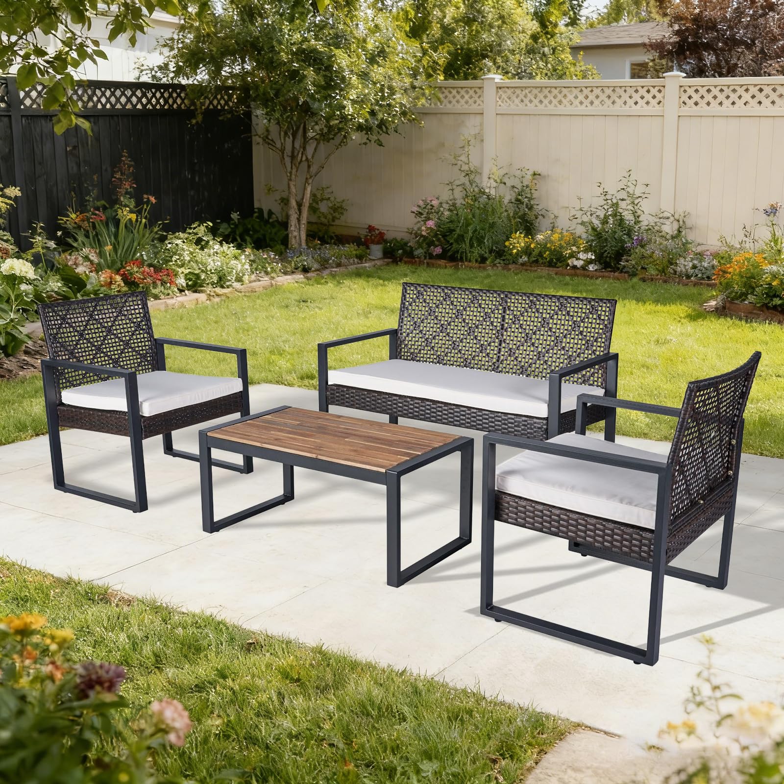 COOS BAY Haven Lounge 4 Piece Rattan Patio Furniture Set, Outdoor Wicker Patio Conversation Set for Balcony & Backyard, Dark Brown/Beige - Image 5