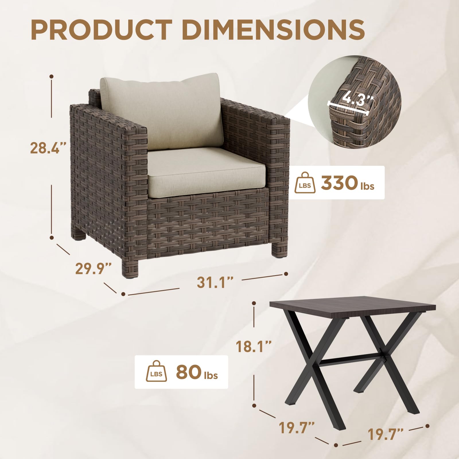 COOS BAY Lanai Chic 3 Piece Outdoor Bistro Set, Small Patio Conversation Set, Outdoor Patio Furniture, 2 Patio Chairs and Side Table, Brown/Beige - Image 3