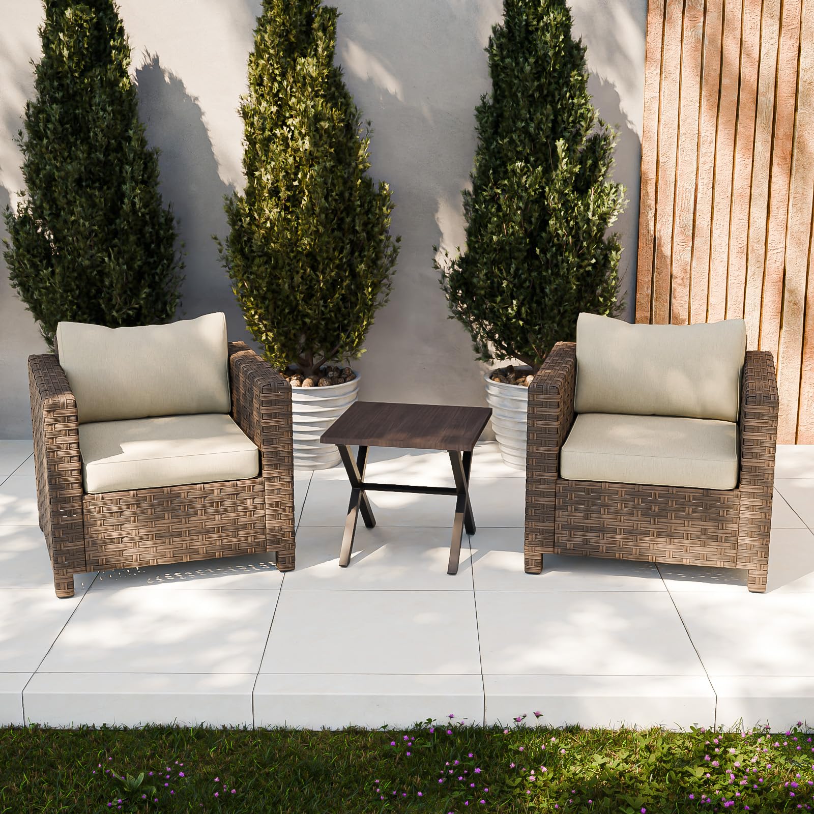 COOS BAY Lanai Chic 3 Piece Outdoor Bistro Set, Small Patio Conversation Set, Outdoor Patio Furniture, 2 Patio Chairs and Side Table, Brown/Beige - Image 6